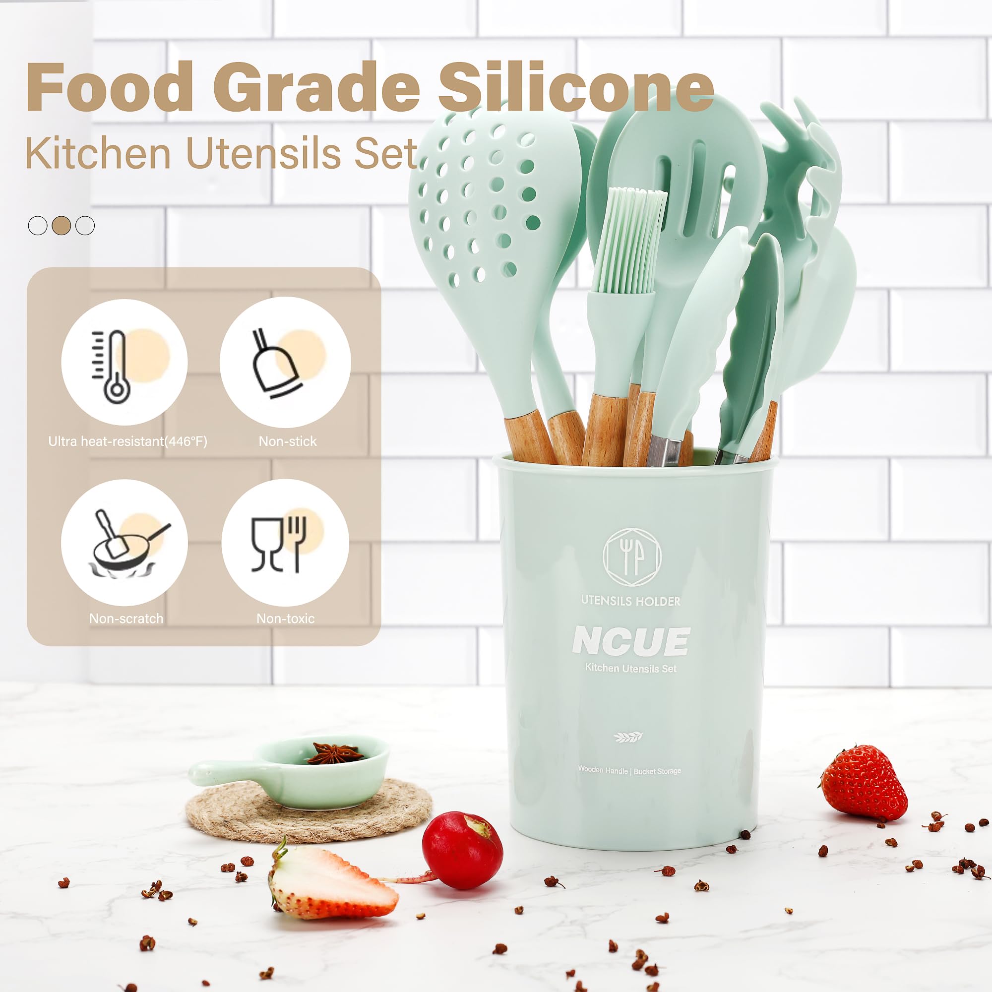 Ncue Kitchen Utensils Set, 26 Pcs Bpa Free Non-Stick Silicone Cooking Kitchen Utensils Set With Holder, Wooden Handle Heat Resis