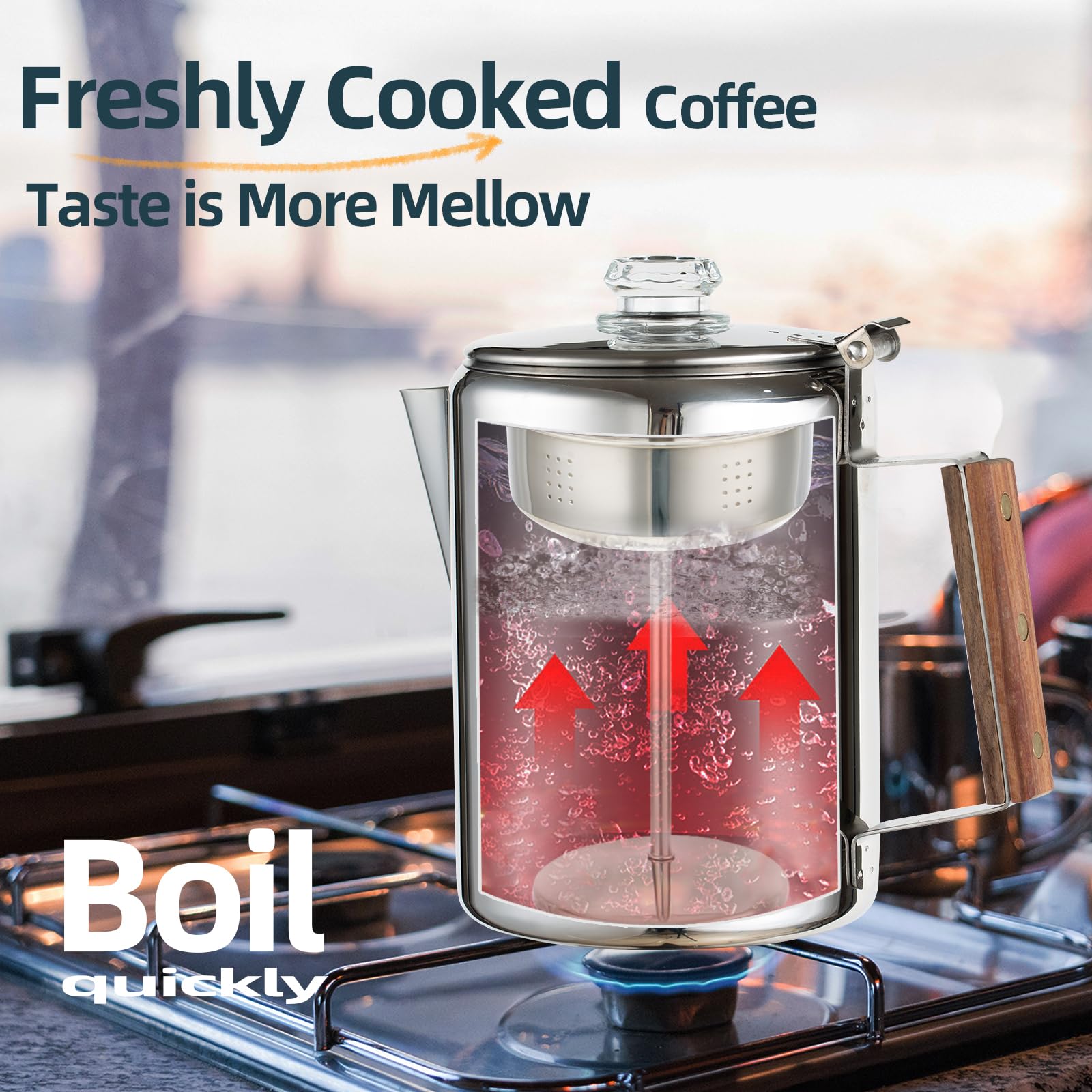 MEREZA 12 Cup Camping Percolator Coffee Pot - Stainless Steel, Non-Electric, Fast Brew, Ideal for Outdoors and Home Use