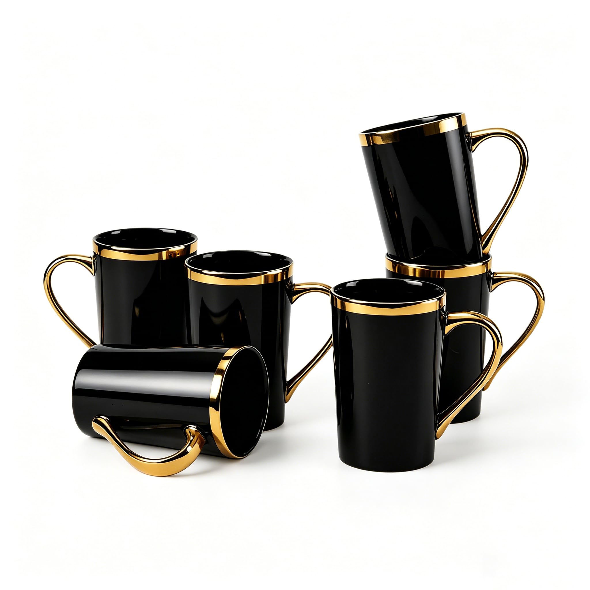 Loymokinar Black Gold Coffee Mugs Set of 6, 12 oz Porcelain