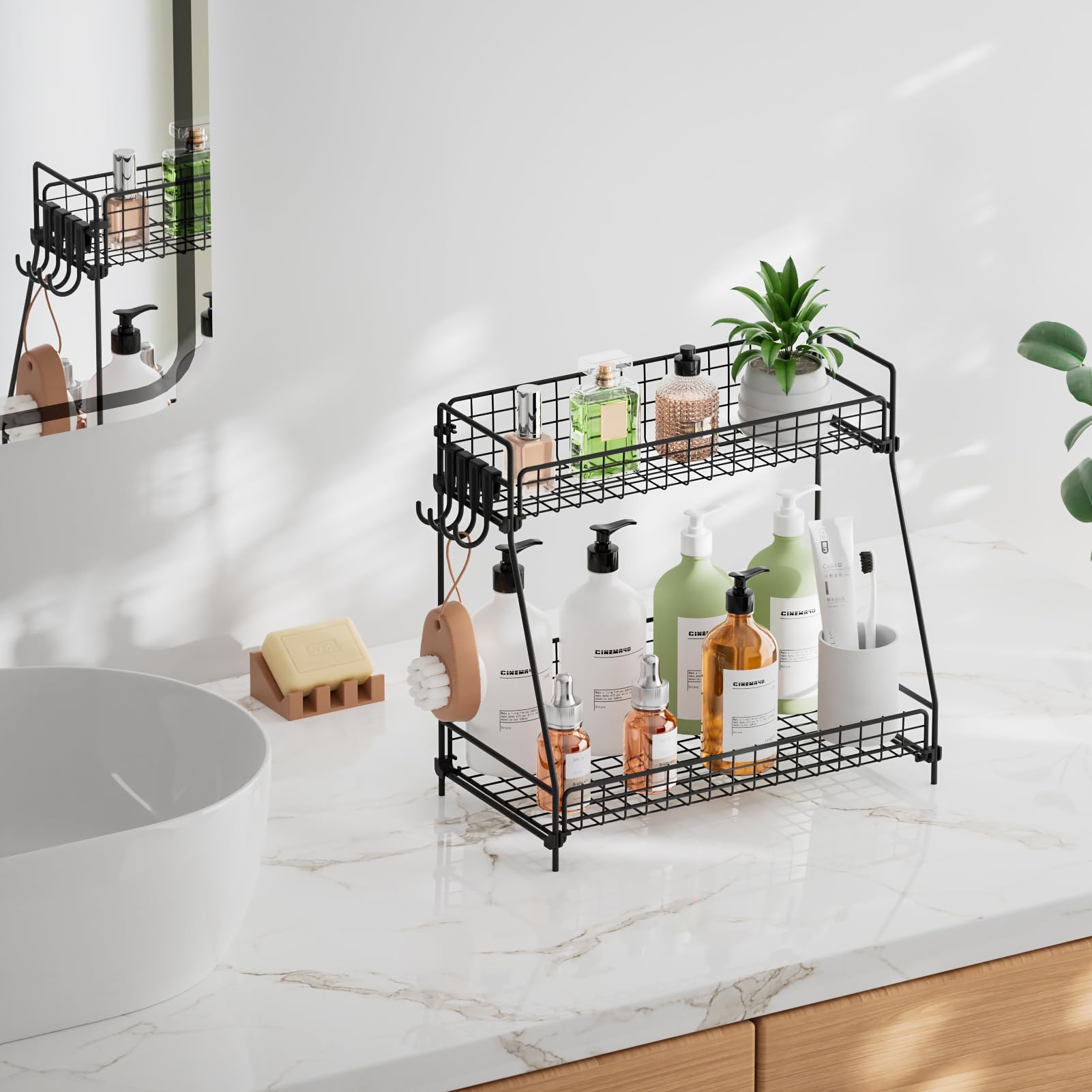 Vitviti 2 Tier Bathroom Organizer Countertop, Metal Wire Bathroom Counter Organizer Storage With Hooks, Vanity Tray Shelf, Kitch