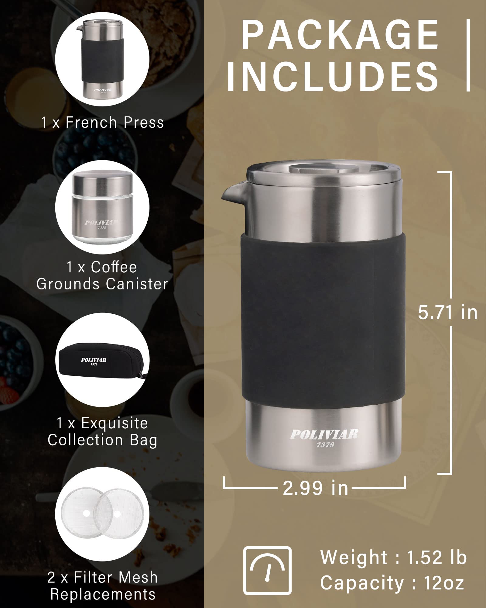 POLIVIAR French Press Coffee Maker, 12 oz, Stainless Steel, Silver, Double Wall Insulation, Dual-Filter Screen, Portable with Mini Canister