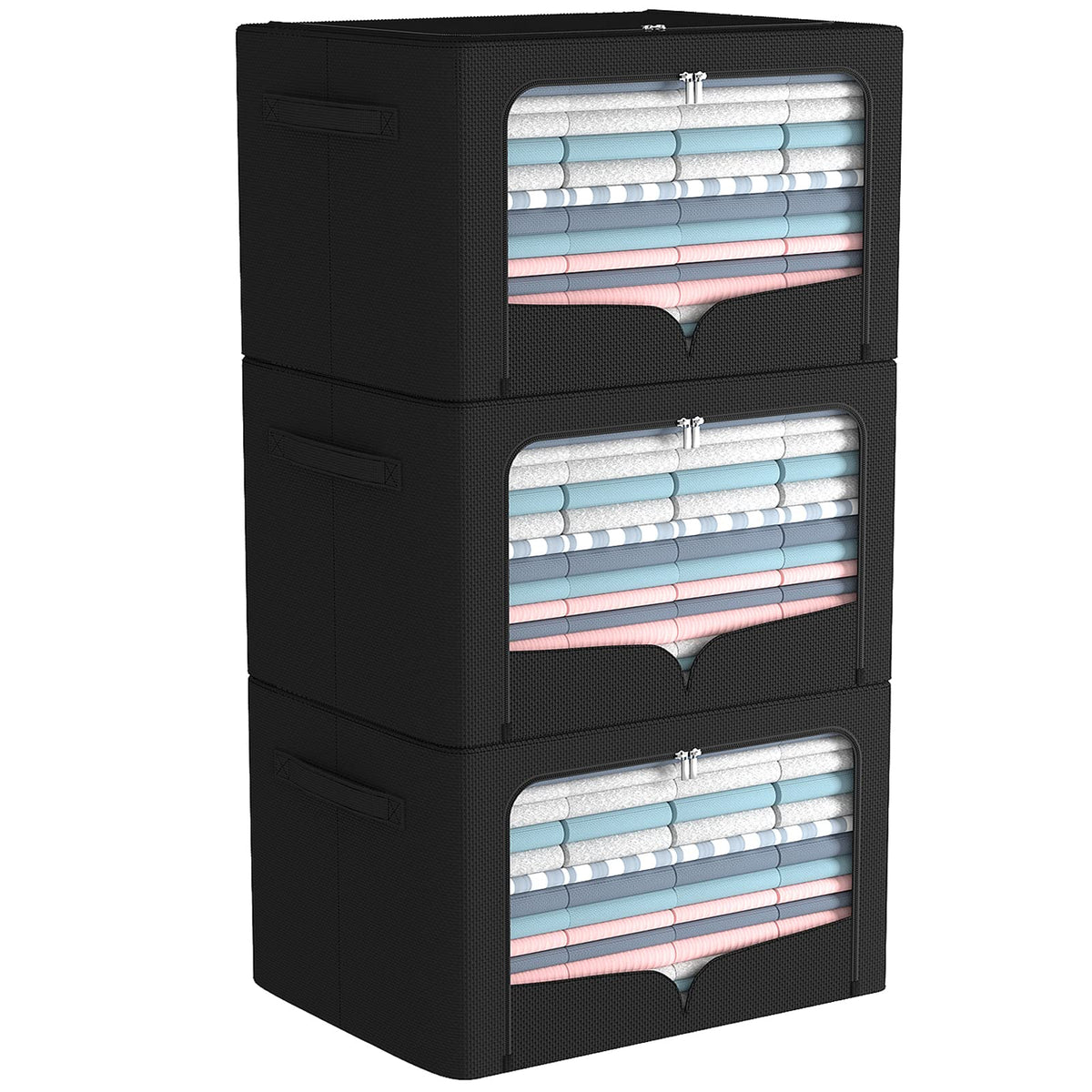 3 Pack Clothes Storage Bins - Foldable Metal Frame Storage Box - Stackable Linen Fabric Organizer Set with Carrying Handles and