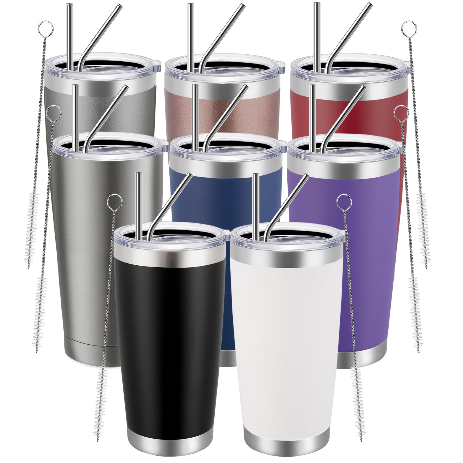 Meway 20Oz Tumbler 8 Pack Double Wall Vacuum Insulated Travel Mug Bulk, Mix Color Stainless Steel Tumblers With Lid And Straw, D