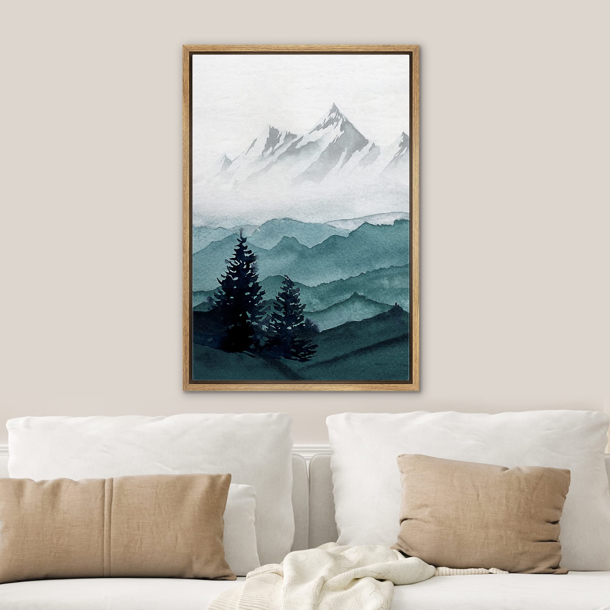 Signwin Framed Canvas Print Wall Art Woodland Nursery Decor Foggy Winter Pastel Mountain Forest Nature Modern Art Decorative Lan