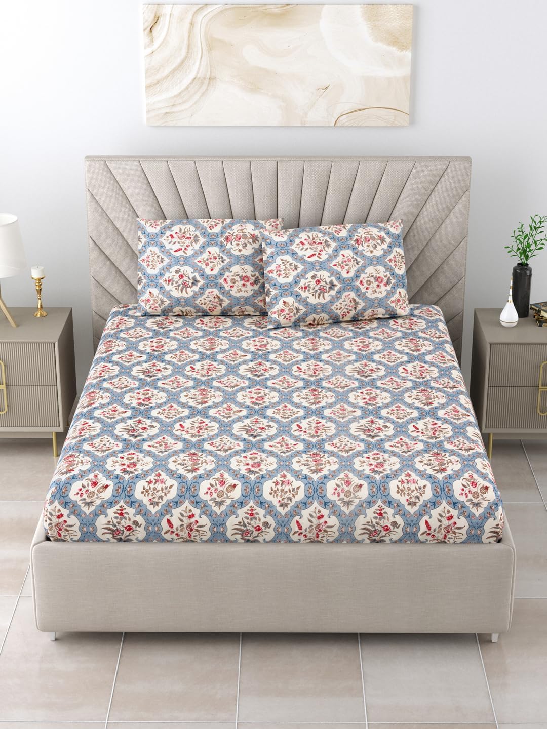 Rrc 144 Tc Gless Cotton Elegant Polycotton Elastic Fitted Bedsheet With 2 Pillow Covers,60X78(Inches) Elastic On All Around Side