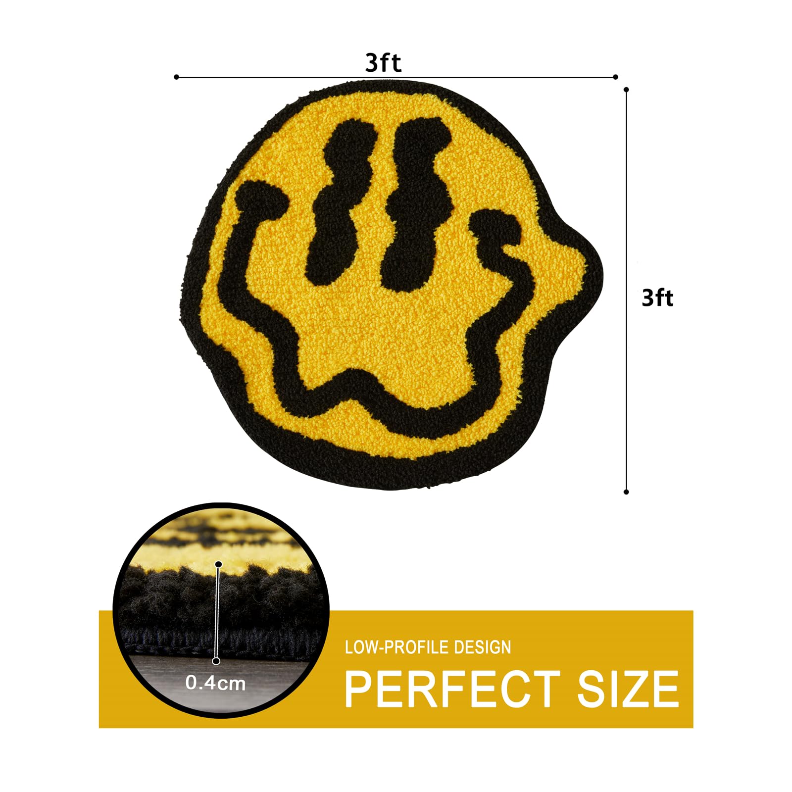 Estmy Trippy Happy Face 2Ft Round Bathroom Rugs Yellow/Black Non Slip Rubber Backed Washable, Groovy Aesthetic Abstract Hippie R