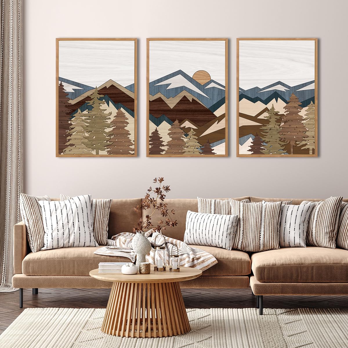 Bincue Large Boho Mountain Canvas Framed Wall Art Set Of 3 Forest Mountain Sun Wall Decor Boho Artwork For Living Room Bedroom O