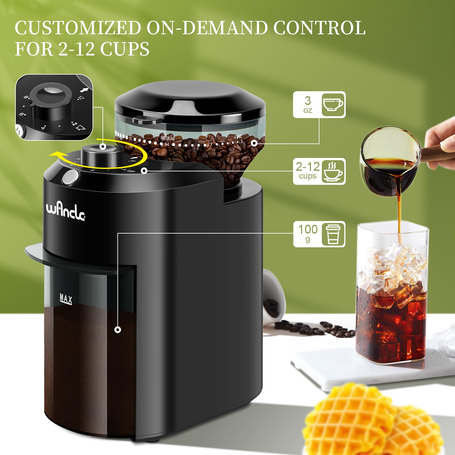 Wancle Electric Burr Coffee Grinder - Adjustable With 28 Precise Grind Settings For 12 Cups - Professional Coffee Bean Grinder