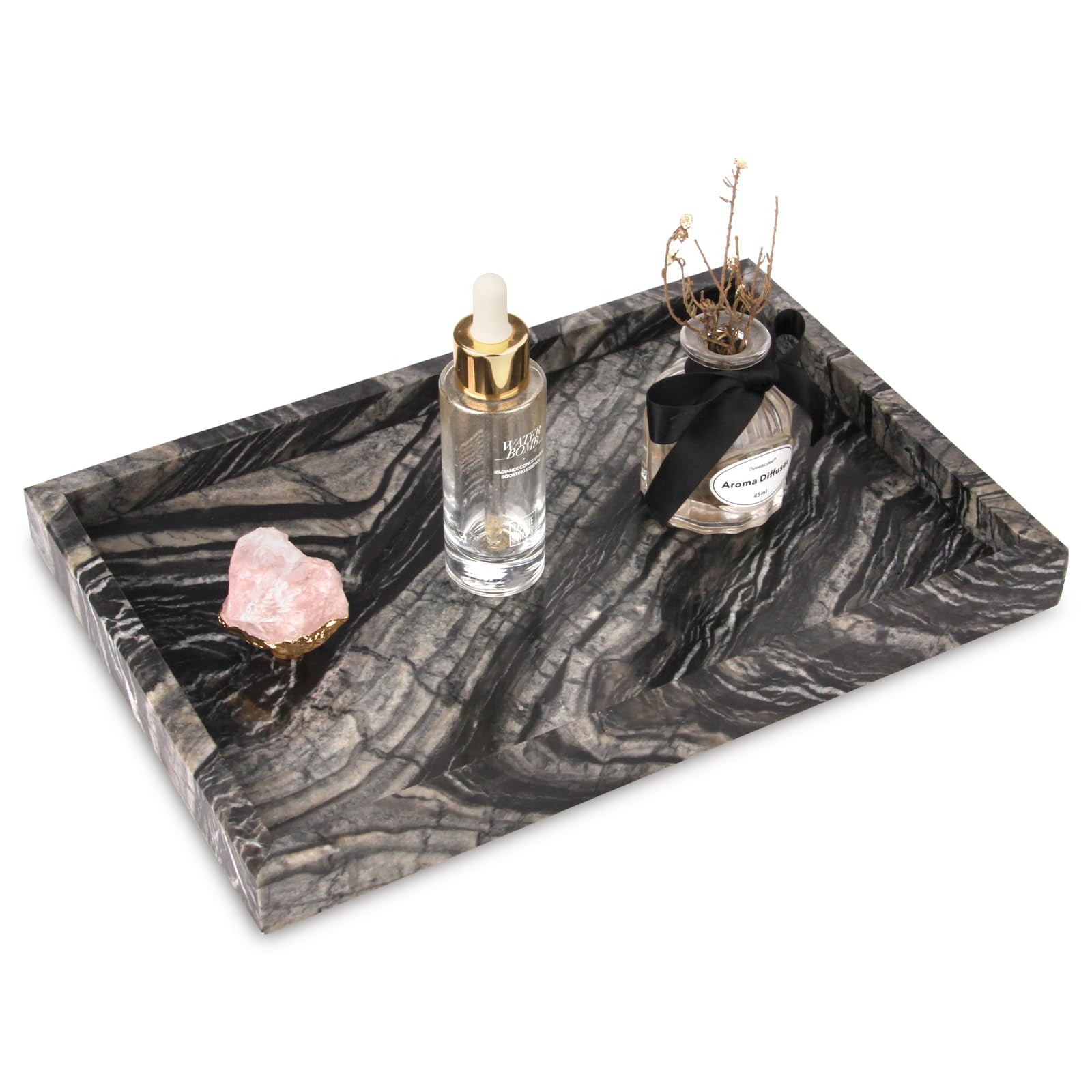 Heshibi Marble Bathroom Vanity Tray, Natural Luxury Ancient Wood Grain Vanity Home Kitchen Table Tray, Stone Decorative Countert