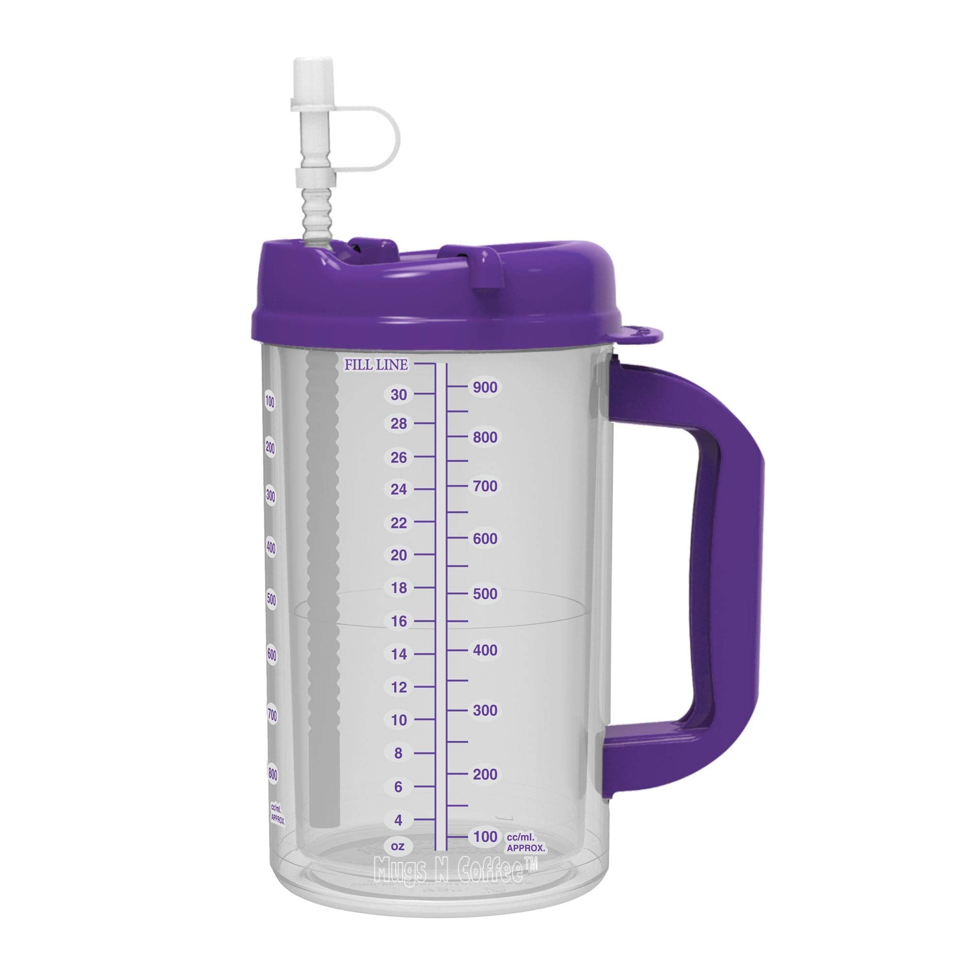 32 Oz Double Wall Insulated Hospital Mug - Cold Drink Mug - Large Carry Handle - Includes Straw (3, Purple)