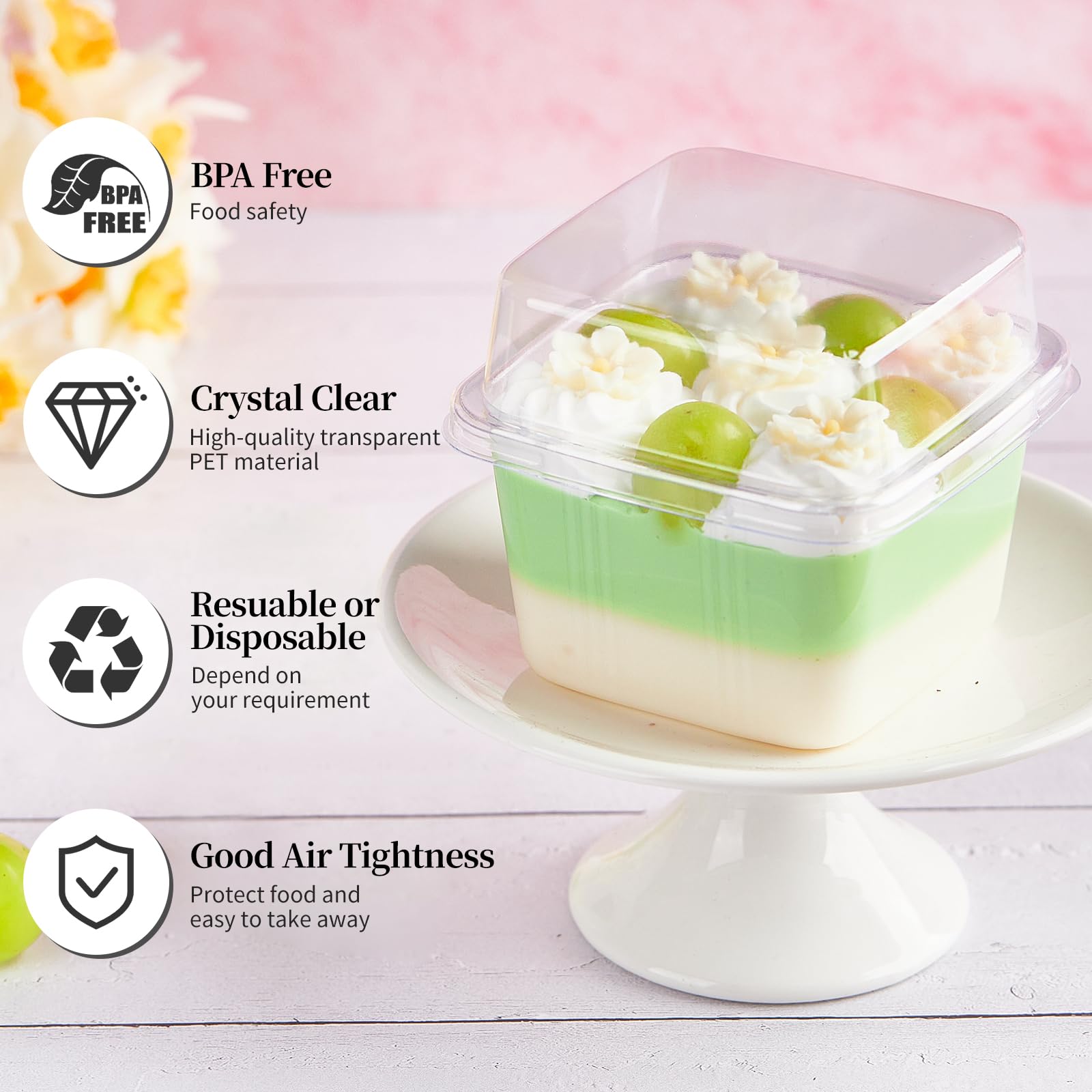 Kucoele 50 Pack 8 Oz Square Plastic Dessert Cups With Lids And Sporks, Clear Cake Cups Parfait Cups To Go Food Containers For Pu