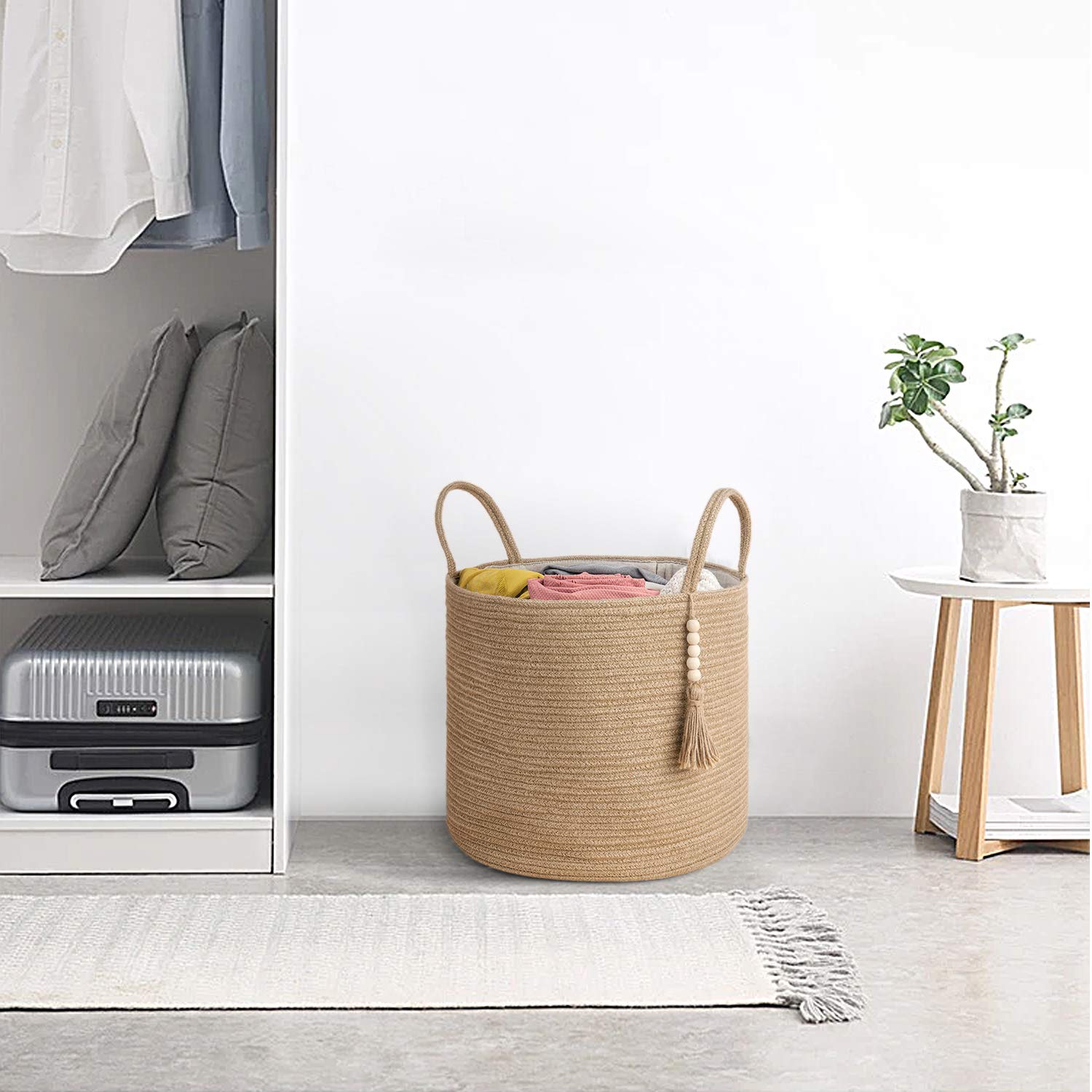 Mkono Woven Storage Basket Decorative Rope Basket Wooden Bead Decoration for Blankets Toys Clothes Shoes Plant Organizer Bin with Handles Living Room Home Decor  Jute  16'' W  13.8''L