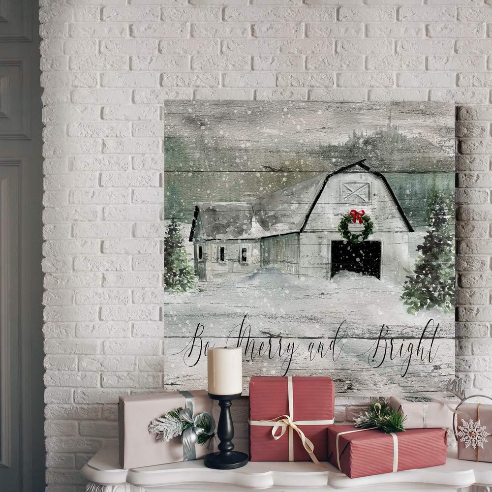 Renditions Gallery Be Merry and Bright Wall Art  Cute Christmas & Winter Artwork  Festive Barn  Faux Wood Look  Premium Gallery Wrapped Canvas Decor  Ready to Hang  32 in H x 32 in W  Made in America (WC21-42422-3232)