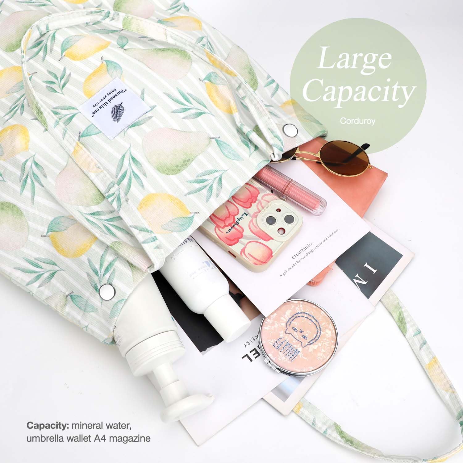 Lhmtqvk Corduroy Tote Bags For Women, Large Capacity Corduroy Bag Reusable Grocery Shoulder Bag With Inner Pockets(Pear)