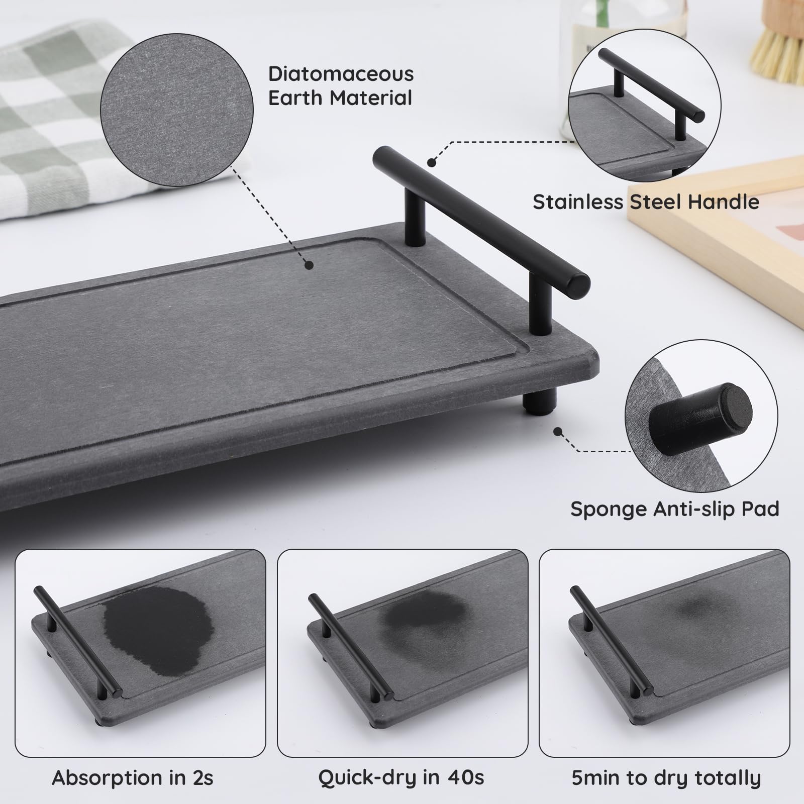 Segbeauty 12X6In Vanity Tray Large, Instant Stone Drying Tray For Bathroom Kitchen, Diatomaceous Tray Fast Dry Stone Drying Mat