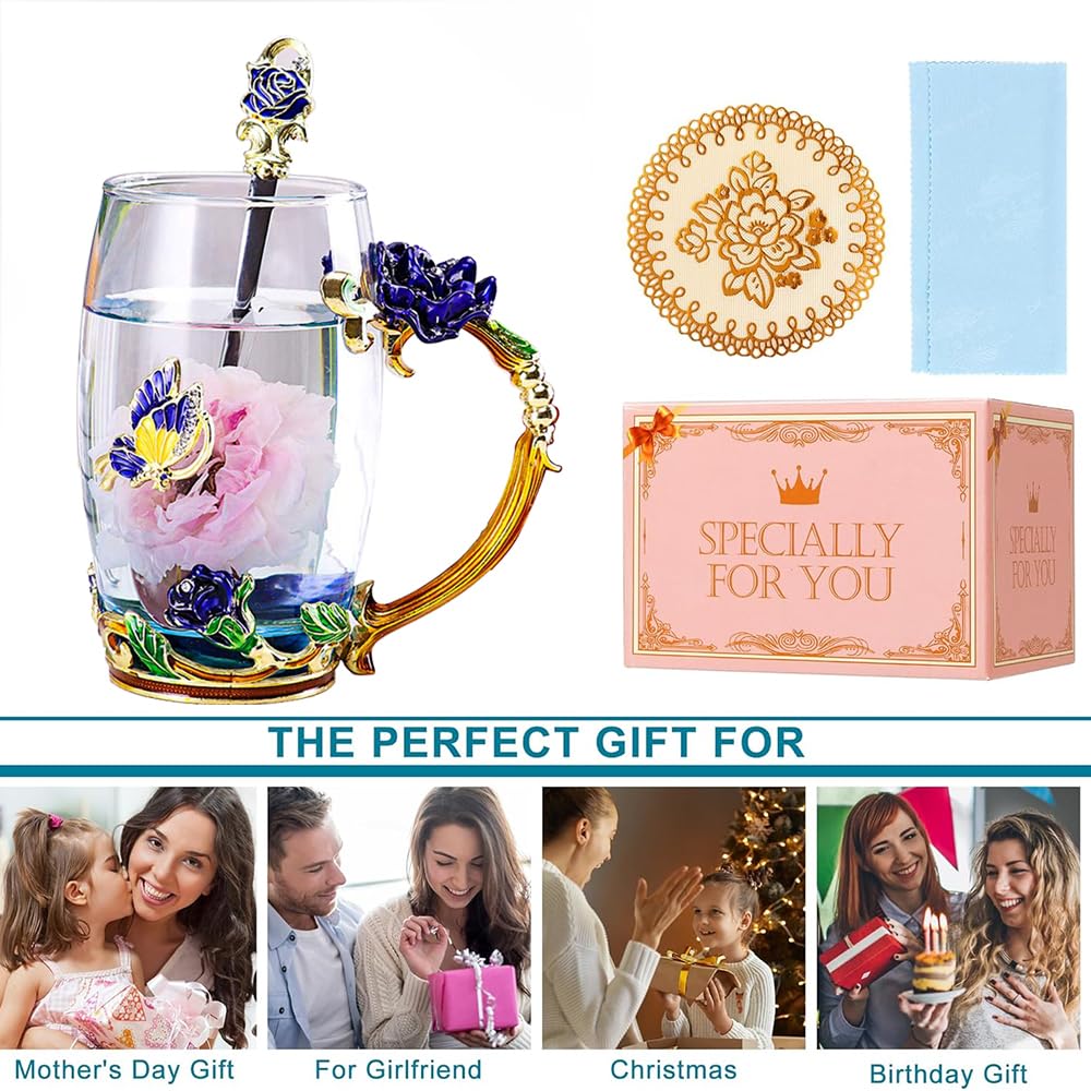 Dasyfly Enamel Glass Tea Cup Blue Rose Coffee Mug,Personalized Gifts For Birthday Mothers Day Anniversary Christmas For Mom,Wome