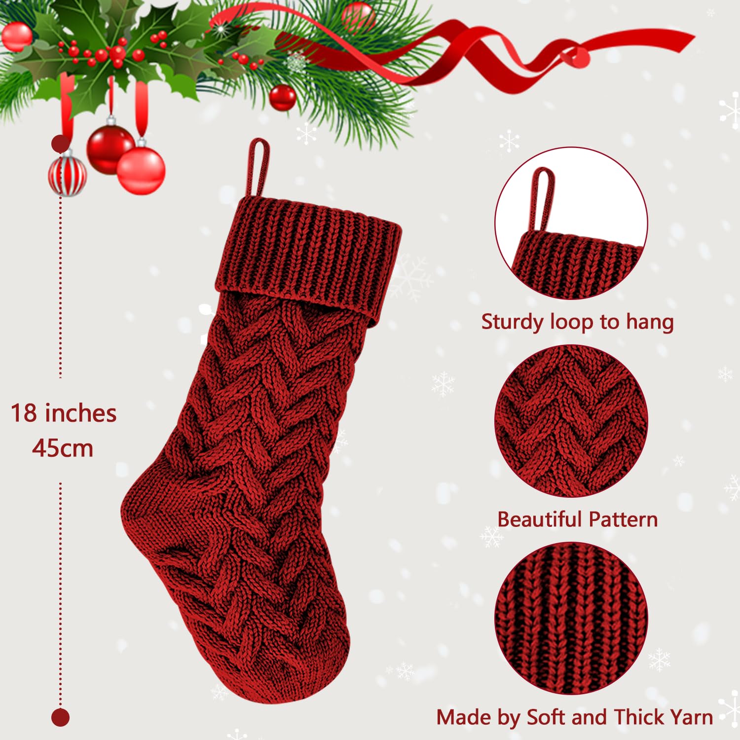 Kunyida Pack 6,18 Unique Burgundy Knit Christmas Stockings Style3