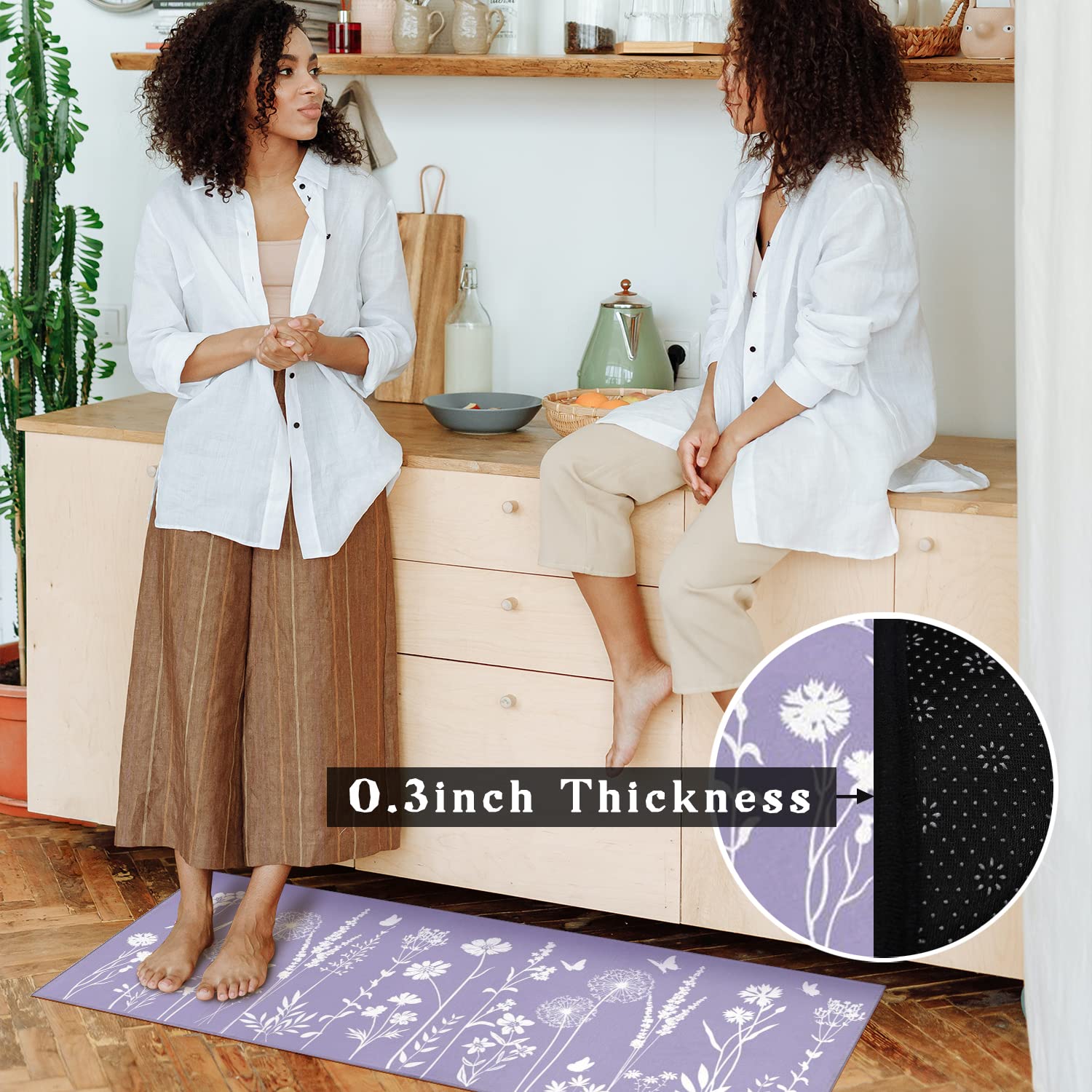 Lavender Purple Kitchen Rug Set of 2- Purple Butterfly Plant Floral Rug Floor Mats Area Rug Carpet Kitchen Decor Accessories Things- Leaves Flower Rugs for Home Kitchen Large- 17x30 and 17x47 Inch