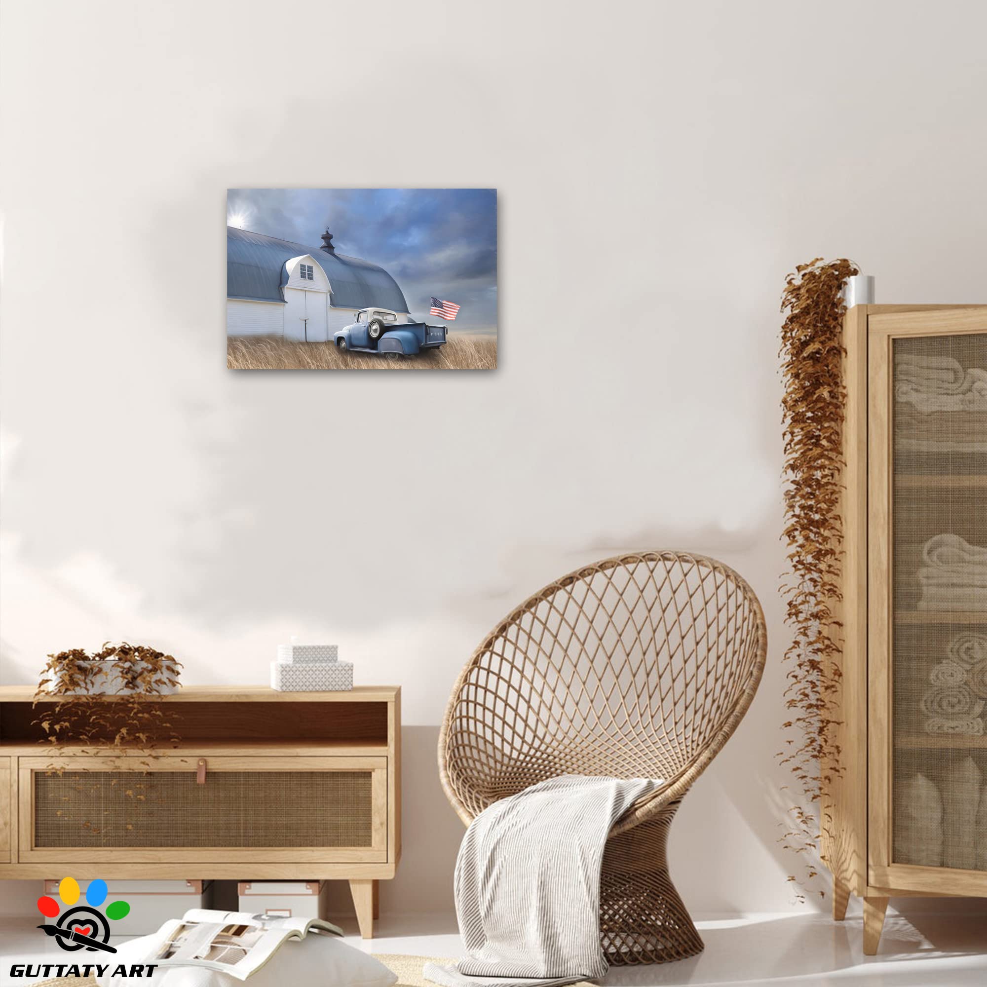 Farmhouse Old Truck Canvas Wall Art, Old Barn Pictures Wall Art, Country Antique Pickup Truck Canvas Prints, Blue Truck With Usa