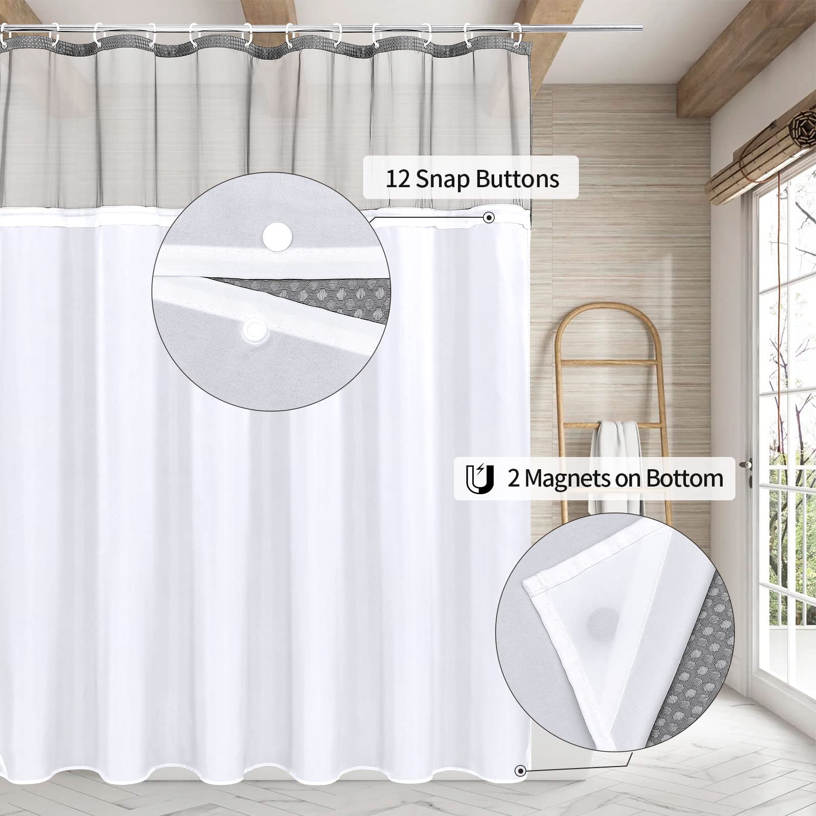 MitoVilla Grey Waffle Shower Curtain Set with Snap-in Liner  Modern Waffle Weave Fabric Shower Curtain  Luxury Heavy Duty Cloth Shower Curtain for Neutral Hotel & Spa Bathroom Decor  72 x 72