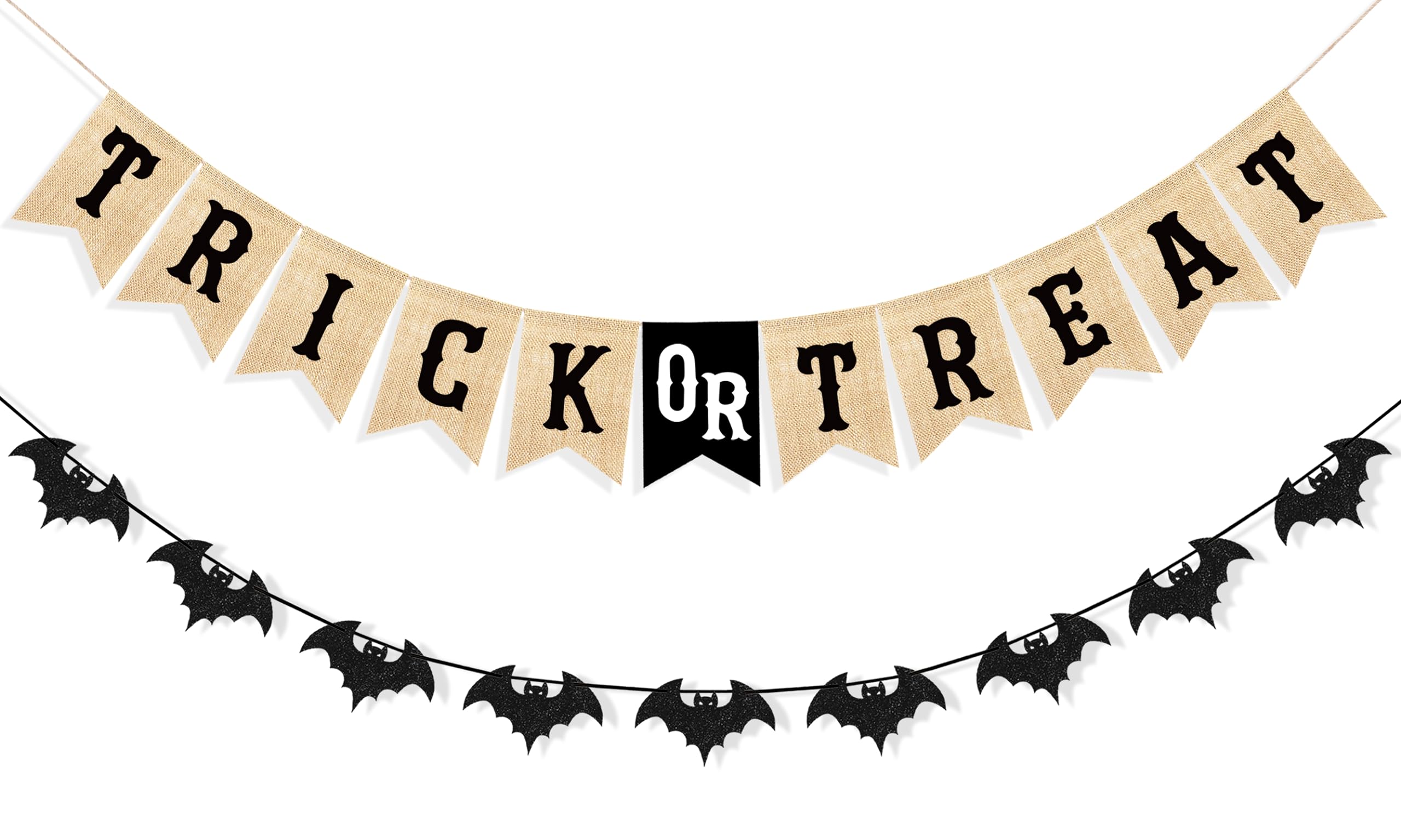 Uniwish Trick or Treat Burlap Banner Halloween Decorations for Mantel Fireplace Glitter Bat Garland Bunting Home Wall Decor Hall