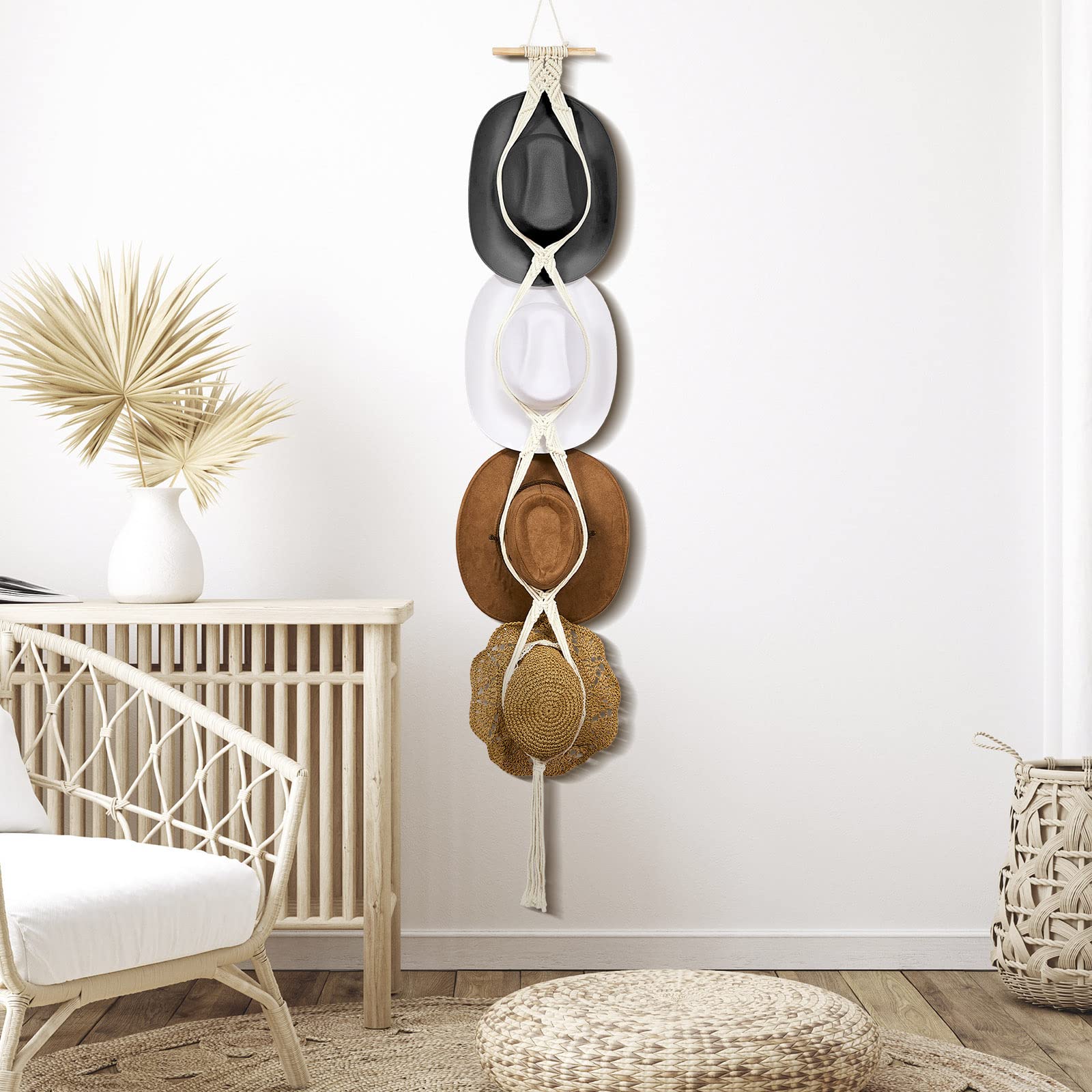 Yulejo Macrame Hat Hangers Boho Hat Rack Cowboy Hat Hanger Back of Door Hat Organizer (White Four Hats Style)