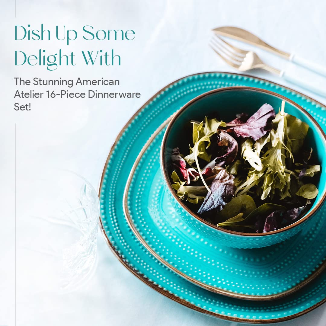 American Atelier 16-Piece Teal Stoneware Dinnerware Set - Includes Dinner Plates, Salad Plates, Bowls, Mugs