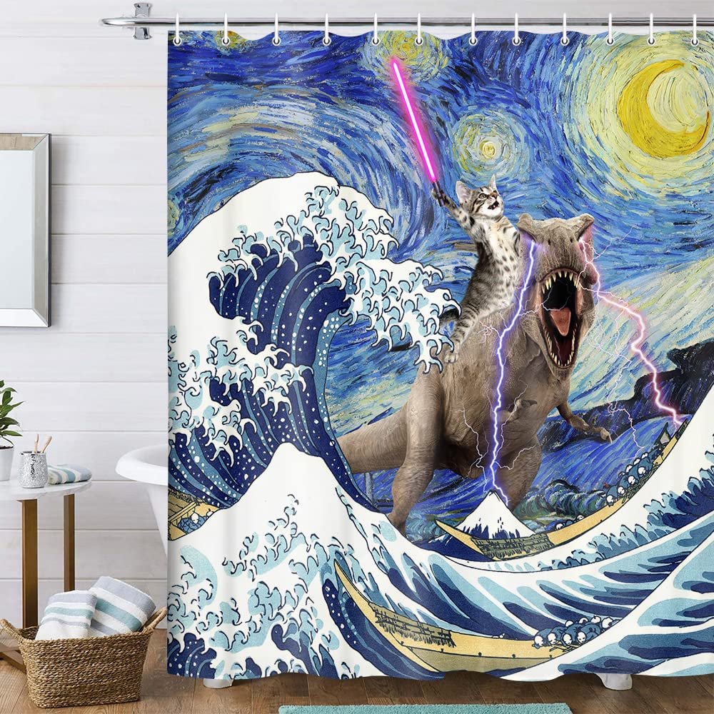 Xguatan Funny Cat Dinosaur Shower Curtain, Cool Cats Ride Dinosaur On Blue Teal Ocean Shower Curtain Set, Underwater Animal Fish