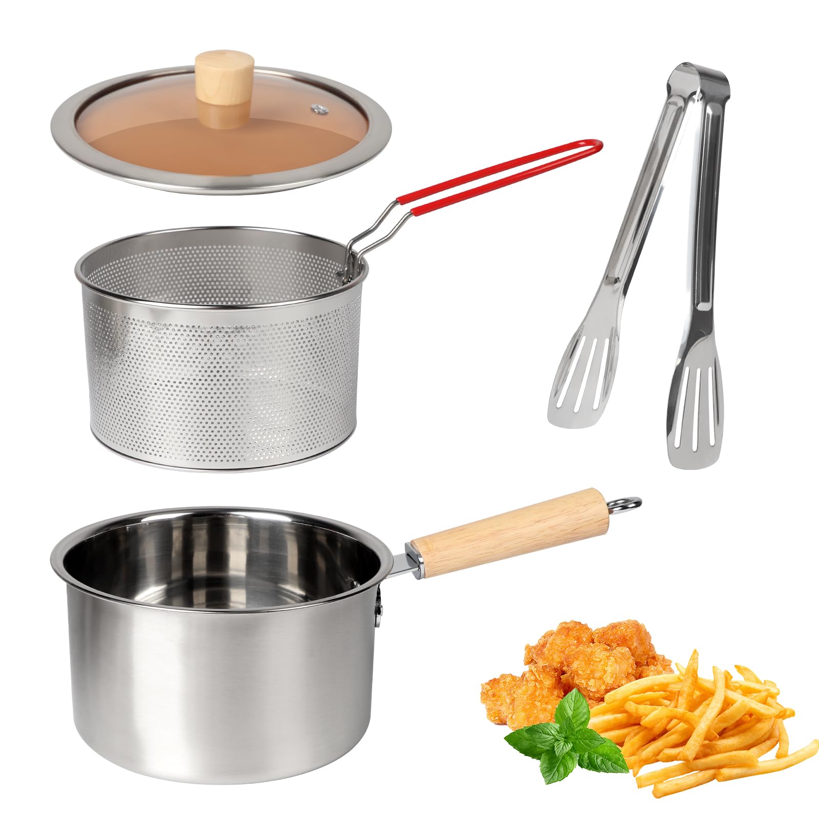 Deep Fryer Pot with Basket, 2500ml Stainless Steel Fryer Pot with Basket and Strainer, Stove Top Deep Fryer Frying Pot for Tempu