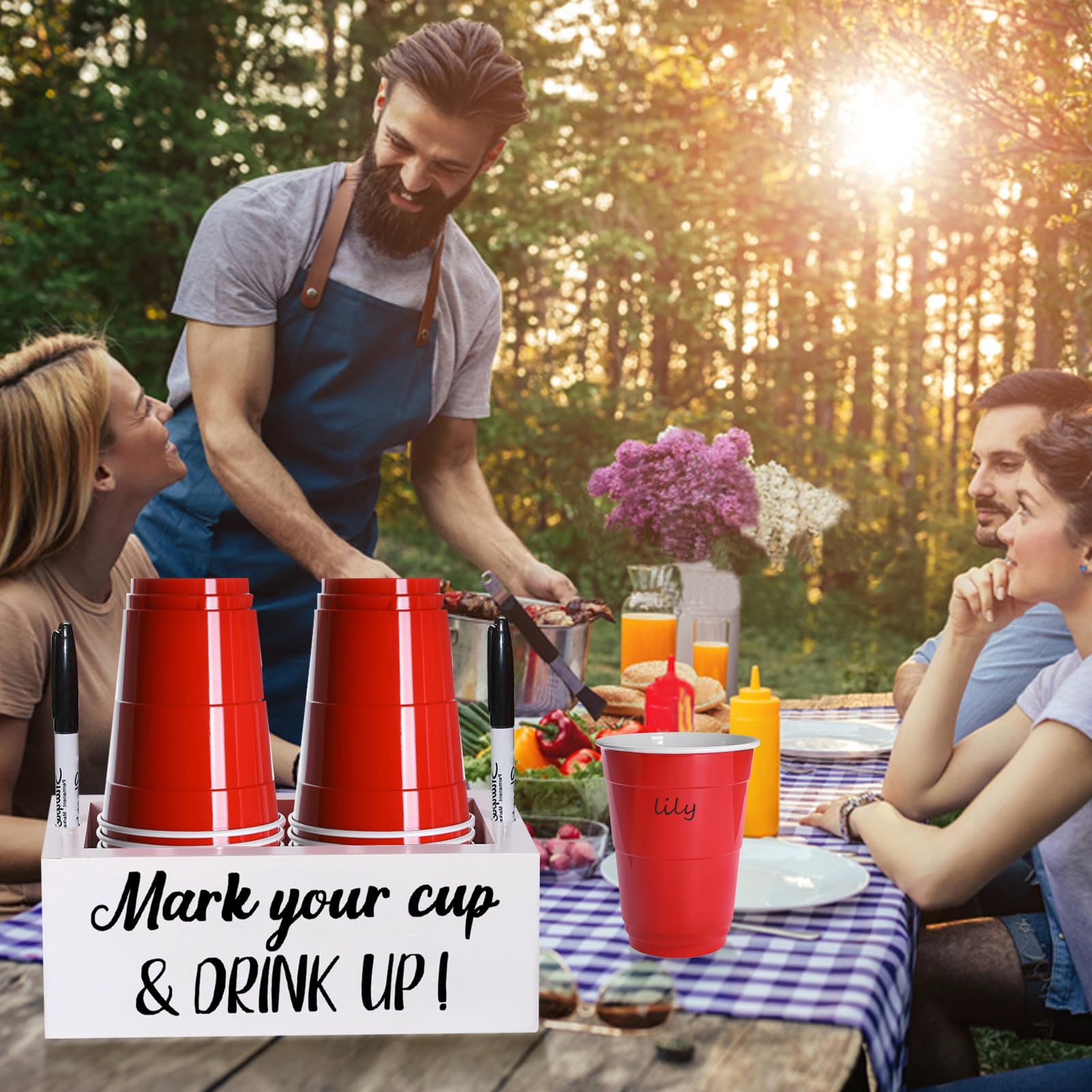 Double Disposable Cup Holder With Marker Slot Wooden Mark Your Cup And Drink Up Drink Dispenser 2 Sides Designs For Parties Farm