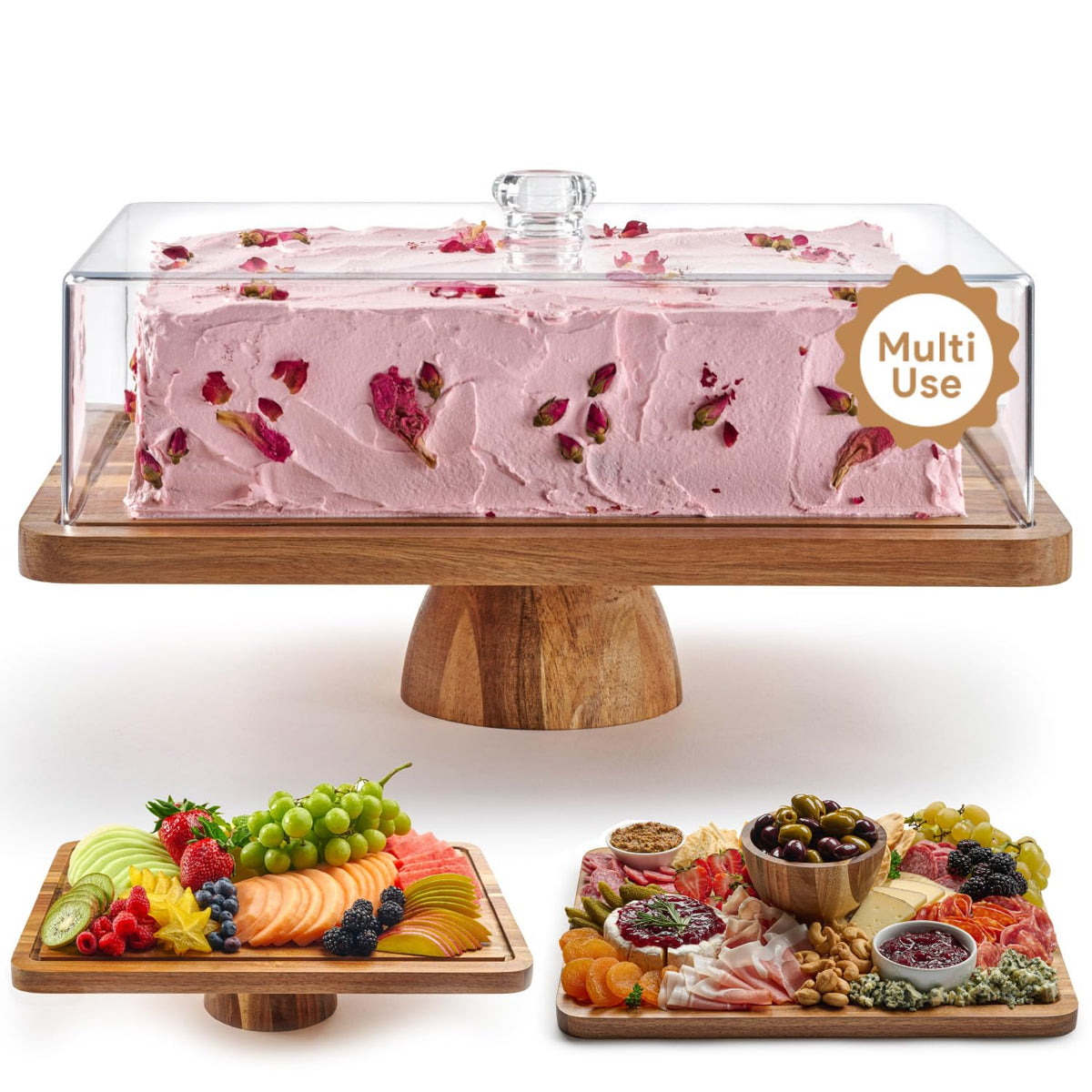 Homesphere Acacia Wood Cake Stand With Lid - Rectangular Cake Holder, 2-In-1 Dessert Table Display Set & Charcuterie Board For C