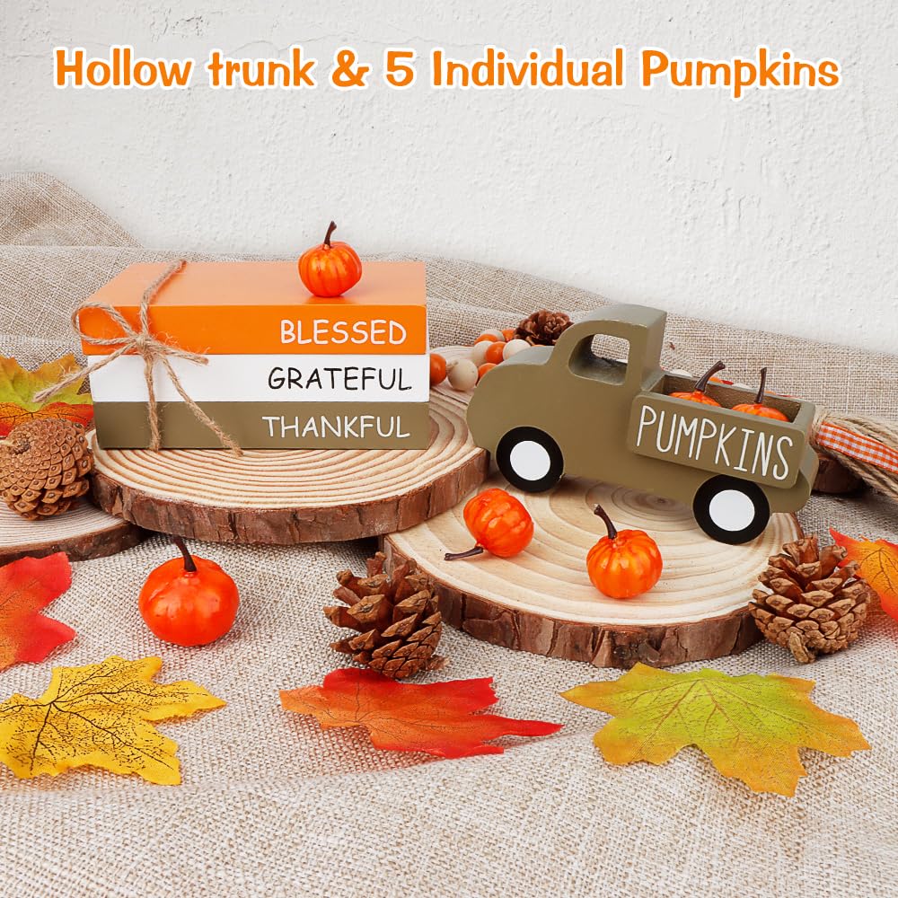 AKEROCK Fall Table Decor, Farmhouse Wooden Fall Signs with Book Stack, 3D Truck and 5 Individual Pumpkins for Tiered Tray, Coffe