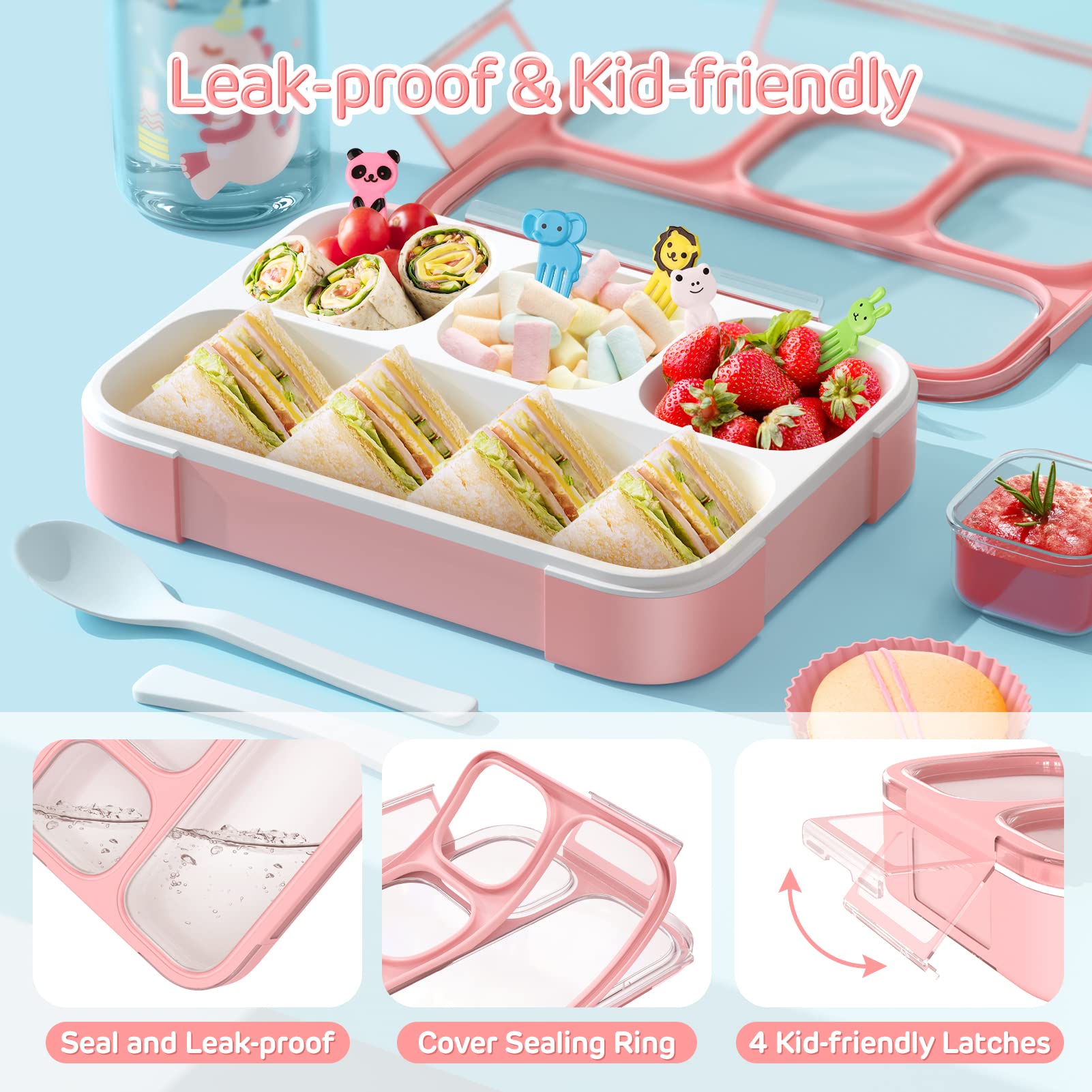 Unicorn Insulated Lunch Bag Set 18Pcs Bento Lunch Box For Kids, Bento-Style Leakproof 4 Compartments Lunch Container Water Bottl