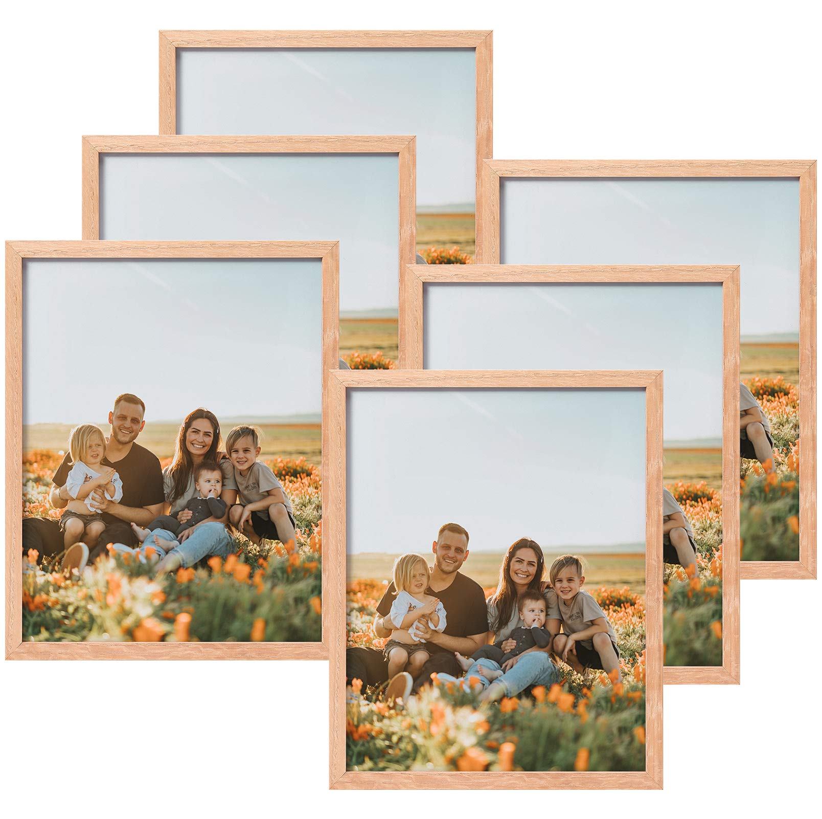 ATOBART 8x10 Set of 6 Oak Wood Picture Frame Solid Wooden Photo Frame Natural Wood Color Frames with Real Glass for Wall Mountin