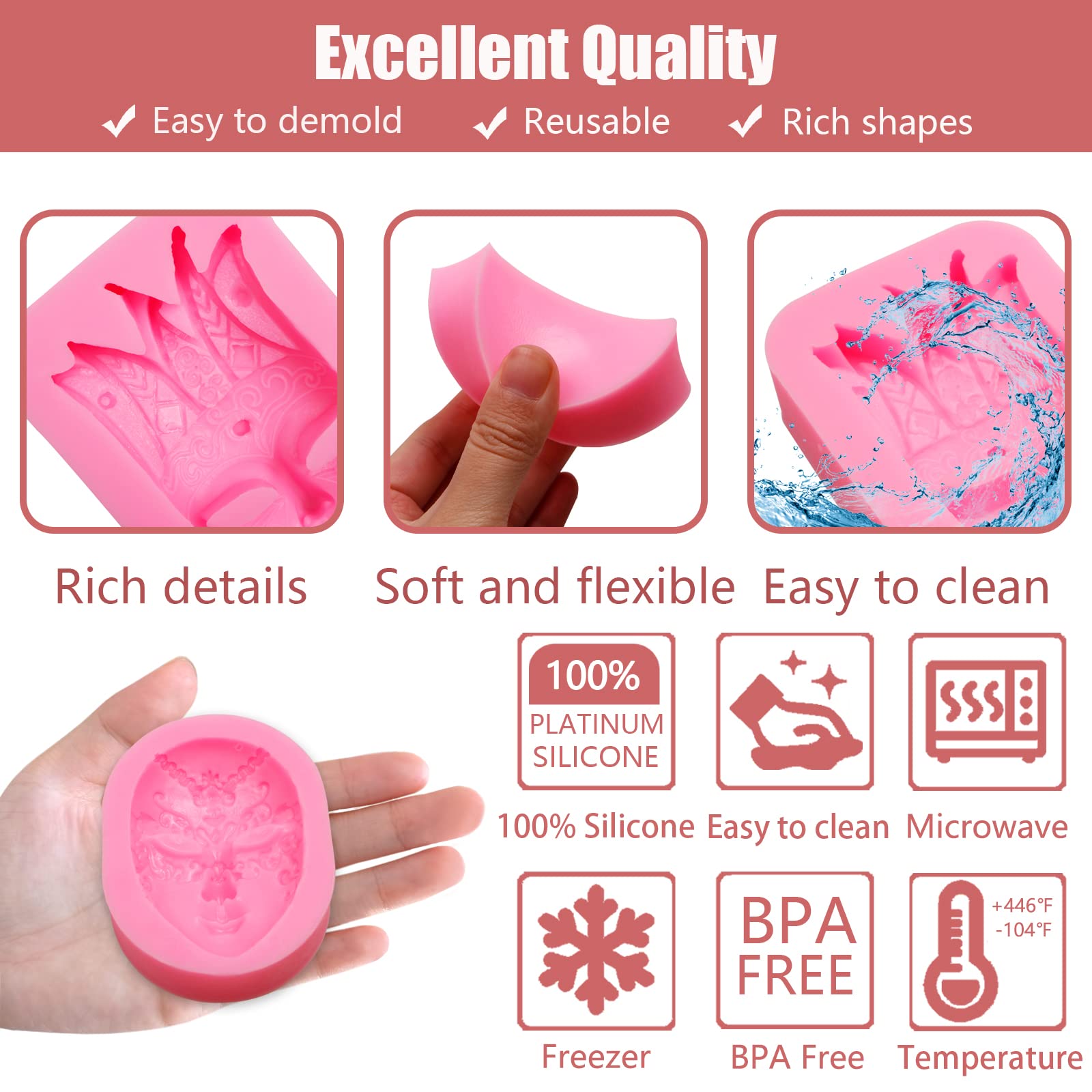 Venetian Mask Fondant Molds 3 Pcs, Masquerade Mask Chocolate Silicone Mold For Cake Decoration Candy Sugar Cupcake Topper Polyme