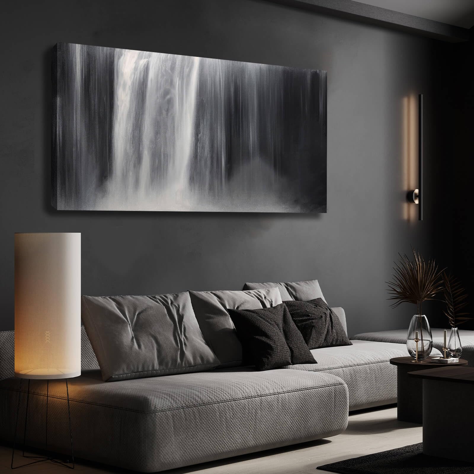 Black And White Wall Art Abstract Waterfall Canvas Paintings 24''X48'' Modern Art For Living Room Bedroom Home Office Decoration