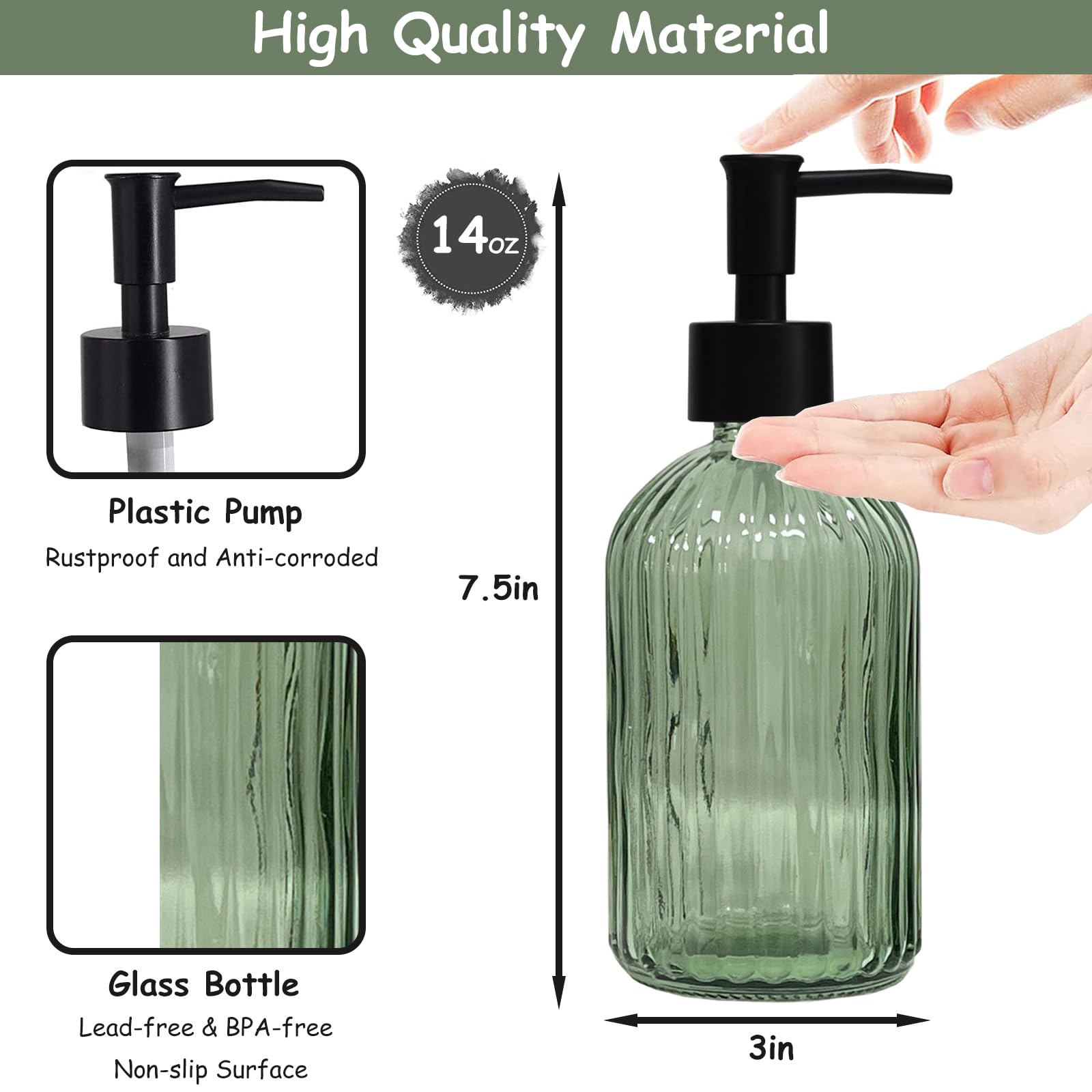 Green Glass Soap Dispenser Set With Black Pump, 13.5Oz Refillable Liquid Hand Soap Dispenser, Lotion Dish Soap Dispenser For Mod