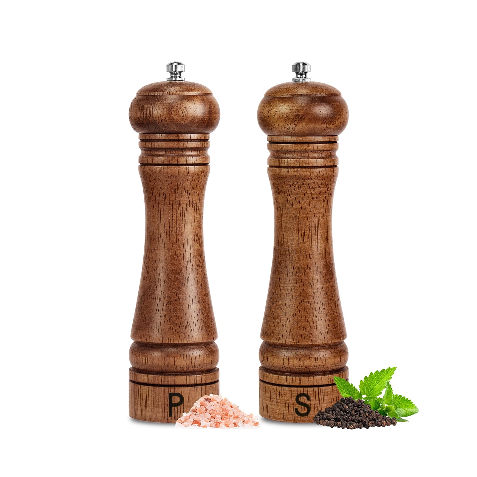 Haomacro Wooden Salt and Pepper Grinder Set Refillable Salt & Pepper Mills Adjust for Coarseness, Crafted of Solid Oak Wood with