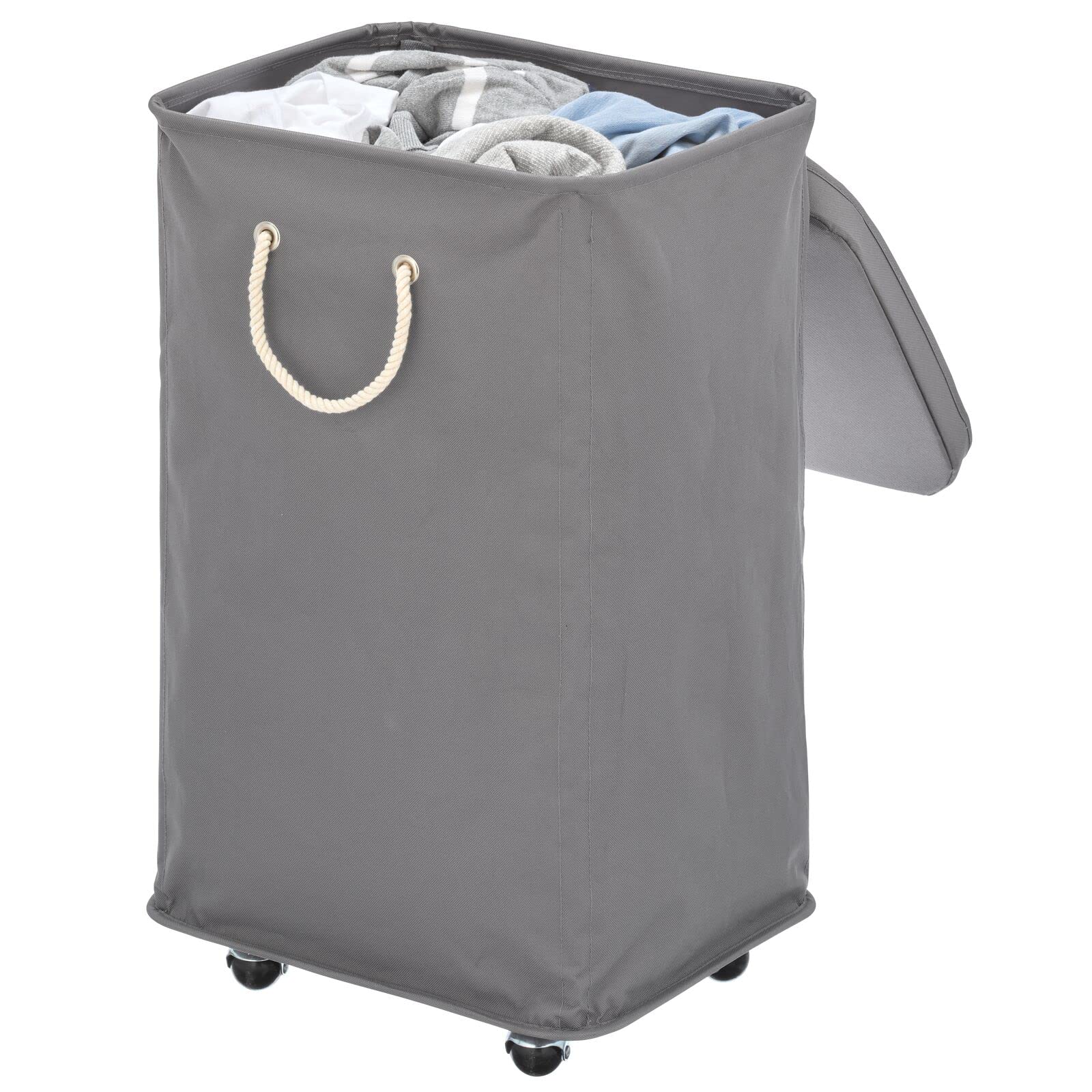 Mdesign Large Polyester Rolling Laundry Hamper With Wheels, Removable Lid, And Rope Carrying Handles, Collapsible Hampers With W