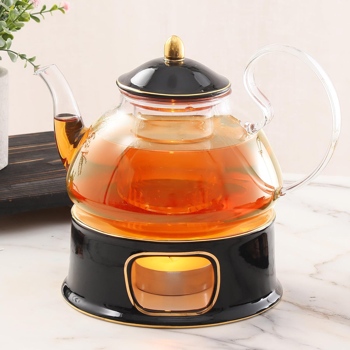 Dujust Blooming Tea Pot Set, Luxury British Design With Relief Decor & Gold Trims, Hand-Crafted Clear Teapot With Warmer, 40Oz G