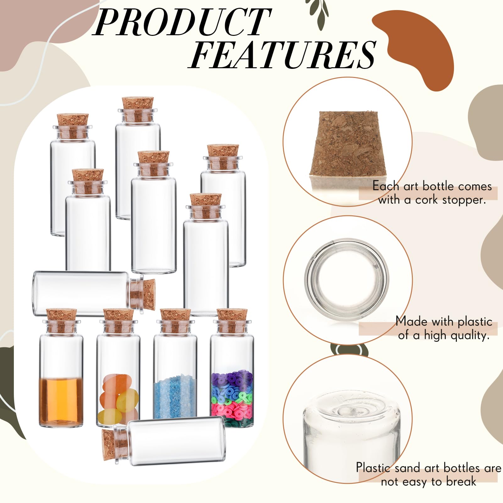 Bokon 50 Packs 15ml Mini Plastic Bottles with Corks Stoppers Eye Screws Funnels Small Potion Bottles Tiny Clear Sand Art Jar Wis