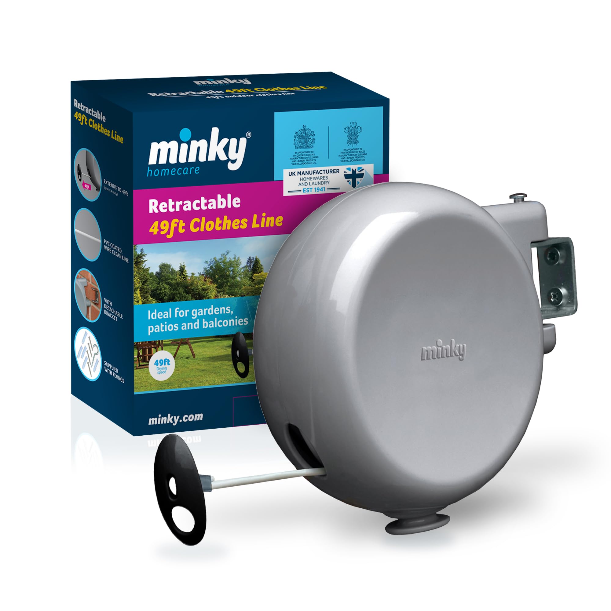 Minky Homecare Outdoor Retractable Clothesline - Heavy Duty PVC Coated Line - Energy and Space Saving Removable Laundry Drying L