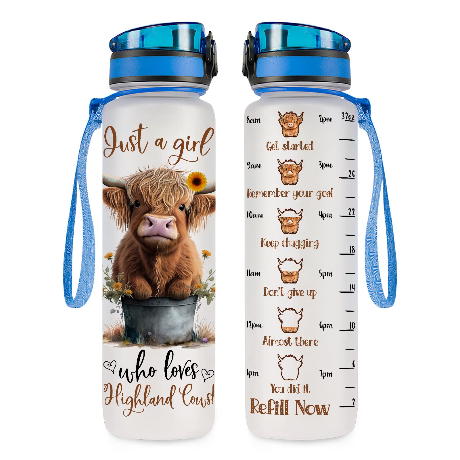 Highland Cow Gifts, Highland Cow Water Bottle 32 Oz With Time Marker, Just A Girl Who Loves Cow Tumbler, Cow Gifts For Cow Lover