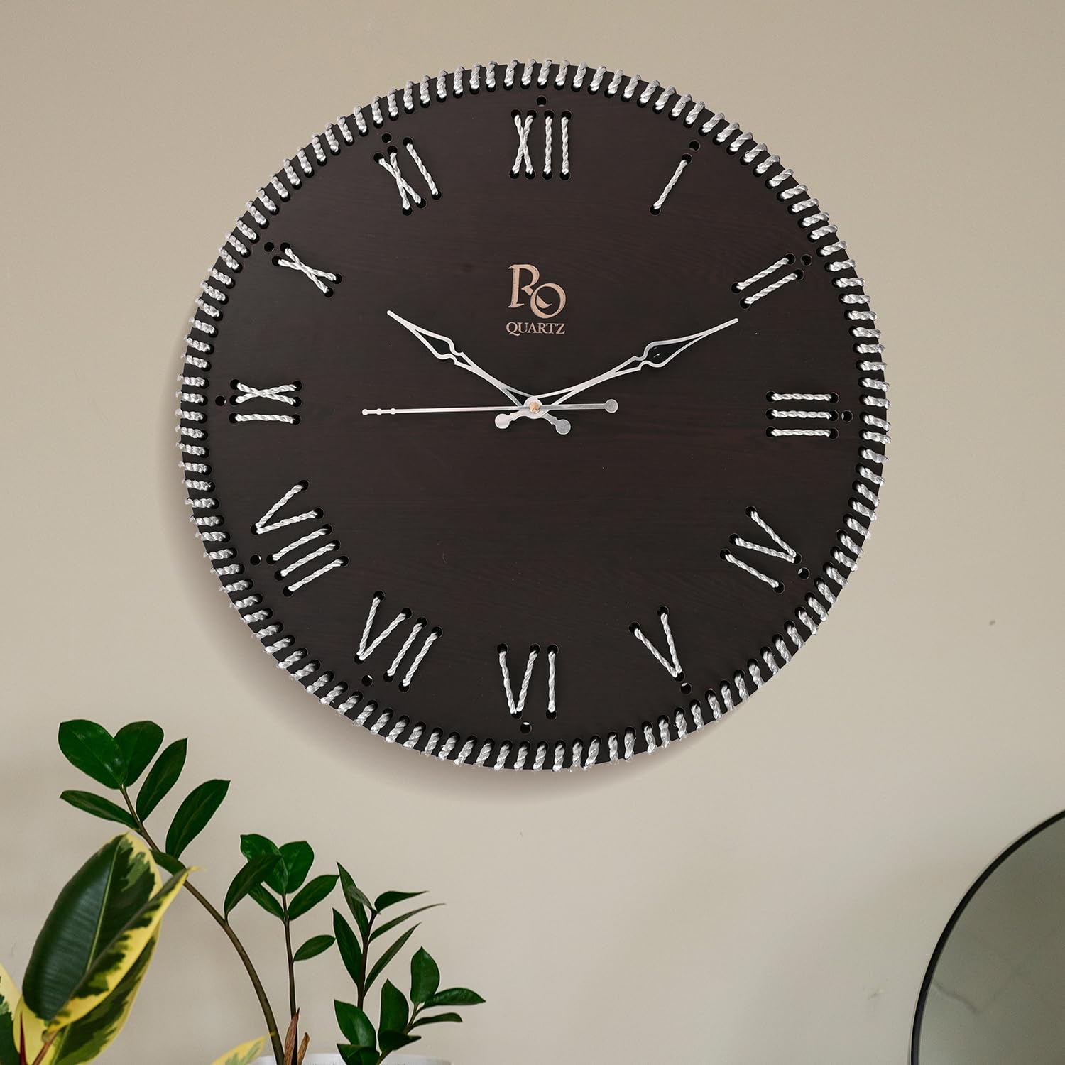 Regiis Opera Wooden Round Shape Roman Dial Wall Clock With Golden Zari Rope Detailing And Silver Hands | Silent Quartz Movement 