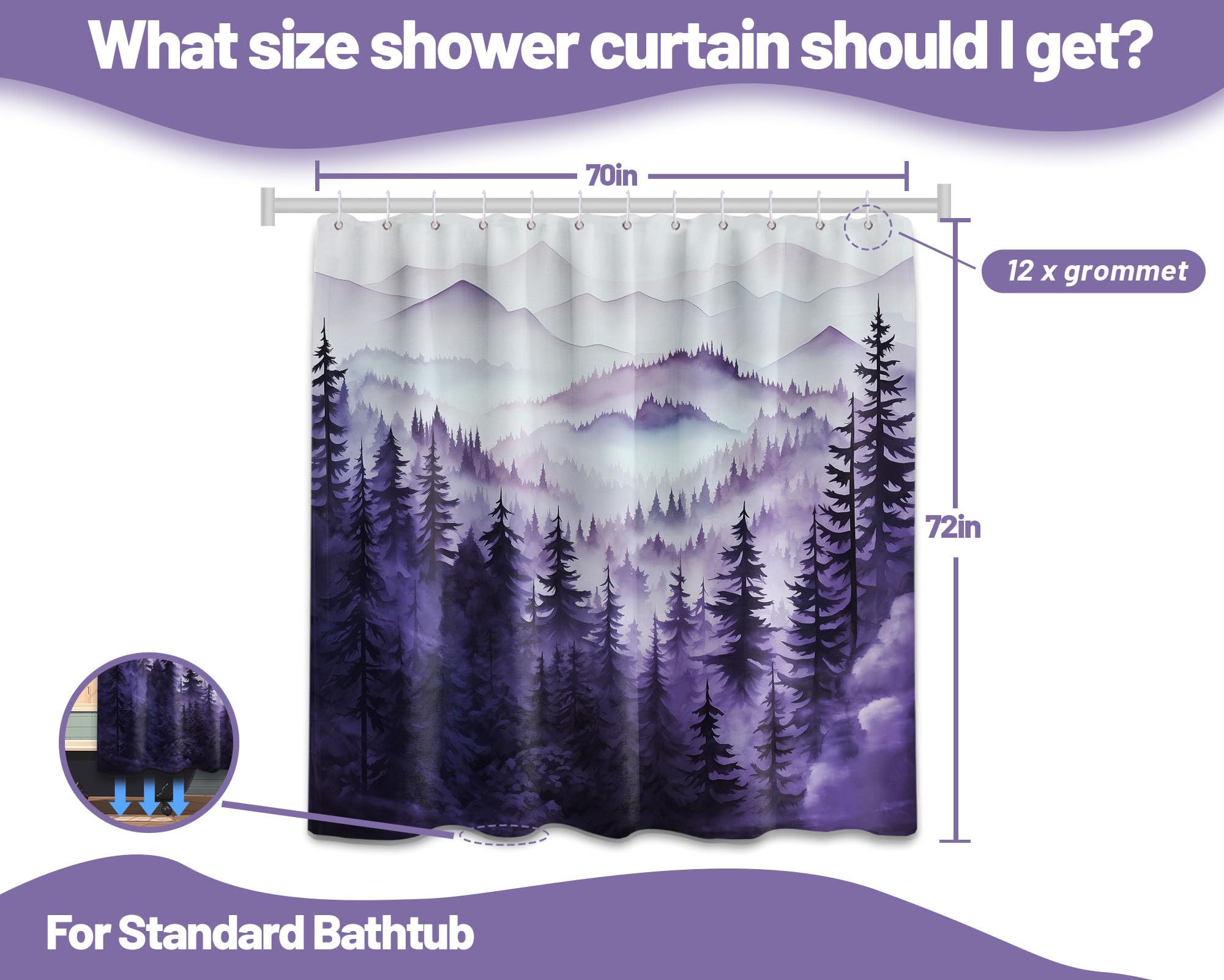 Qghot Mountain Shower Curtain Sets, Dark Purple Shower Curtains For Bathroom, Nature Woodland Forest Waterproof Pine Tree Bathro