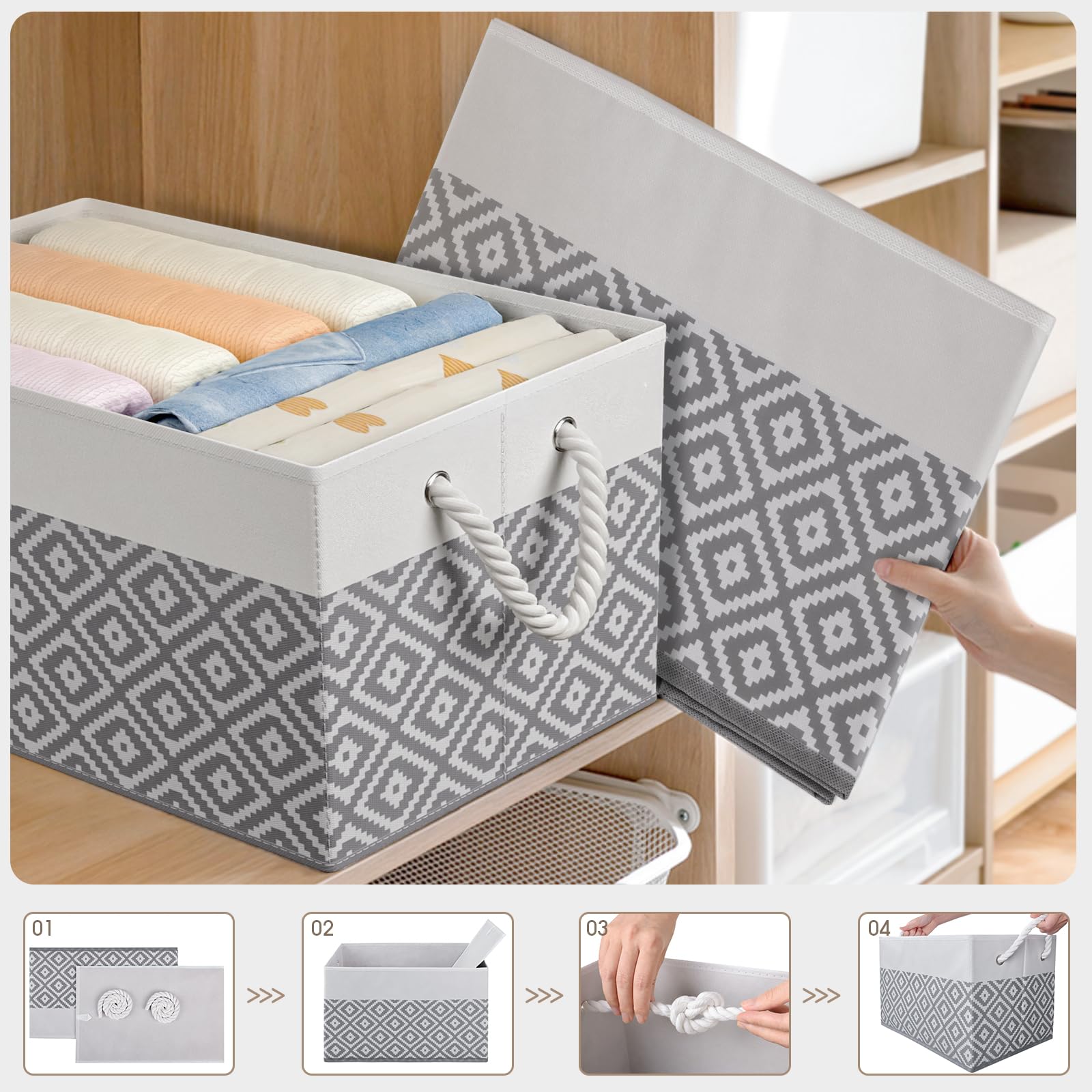 StorageTastic Storage Bins, 3-Pack Large Storage Box with Rope Handles, Collapsible Storage Basket for Organizing Books, Clothes
