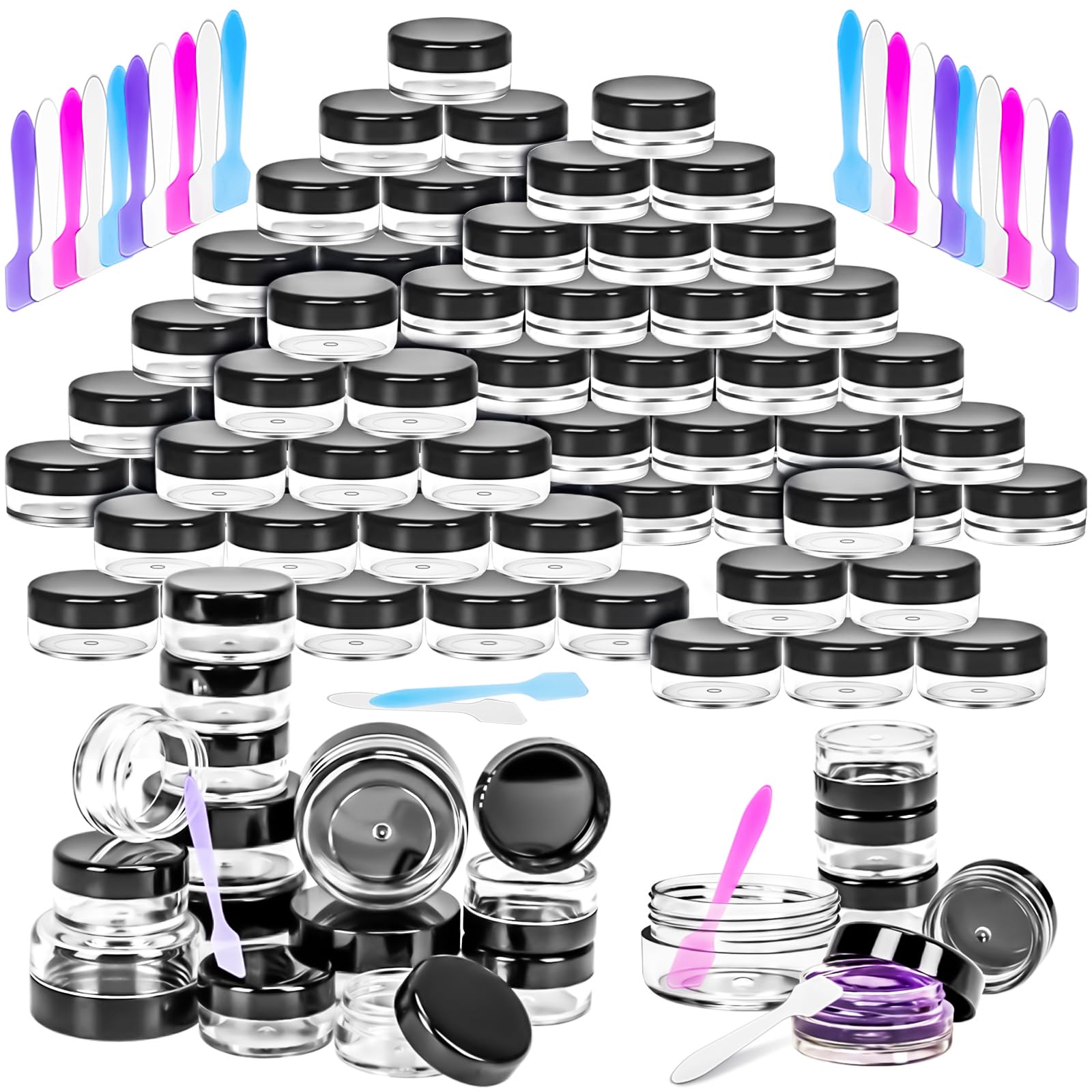 Motbach 80Pcs Small Travel Containers With Black Lids, 3 Size 3/5/10 Gram Makeup Travel Sample Containers, Small Sample Pot Jar