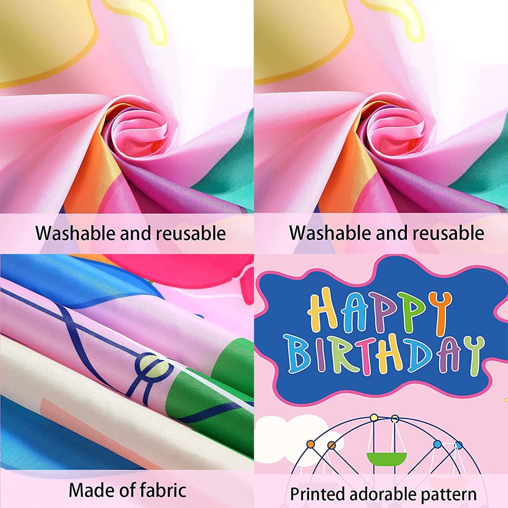 Happy Birthday Backdrop Colorful Cartoon House Sky Flag Car Photography Background Cartoon Pink Pig Theme Banner for Baby Shower
