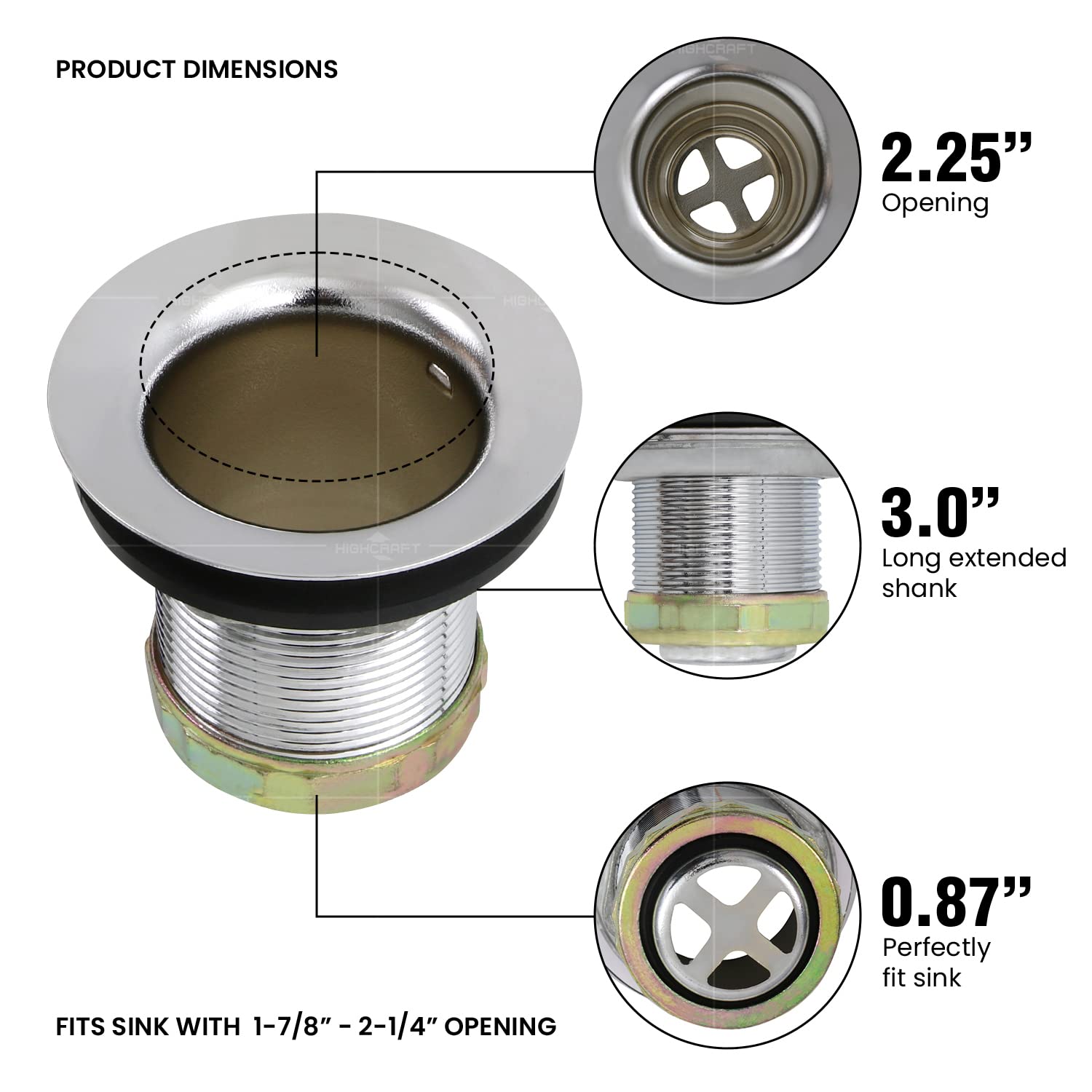 Highcraft 9774 Bar/Prep Sink (1-7/8    - 2-1/4   ) Junior Duo Stainless Steel Drain Assembly With Deep Strainer Basket Stopper