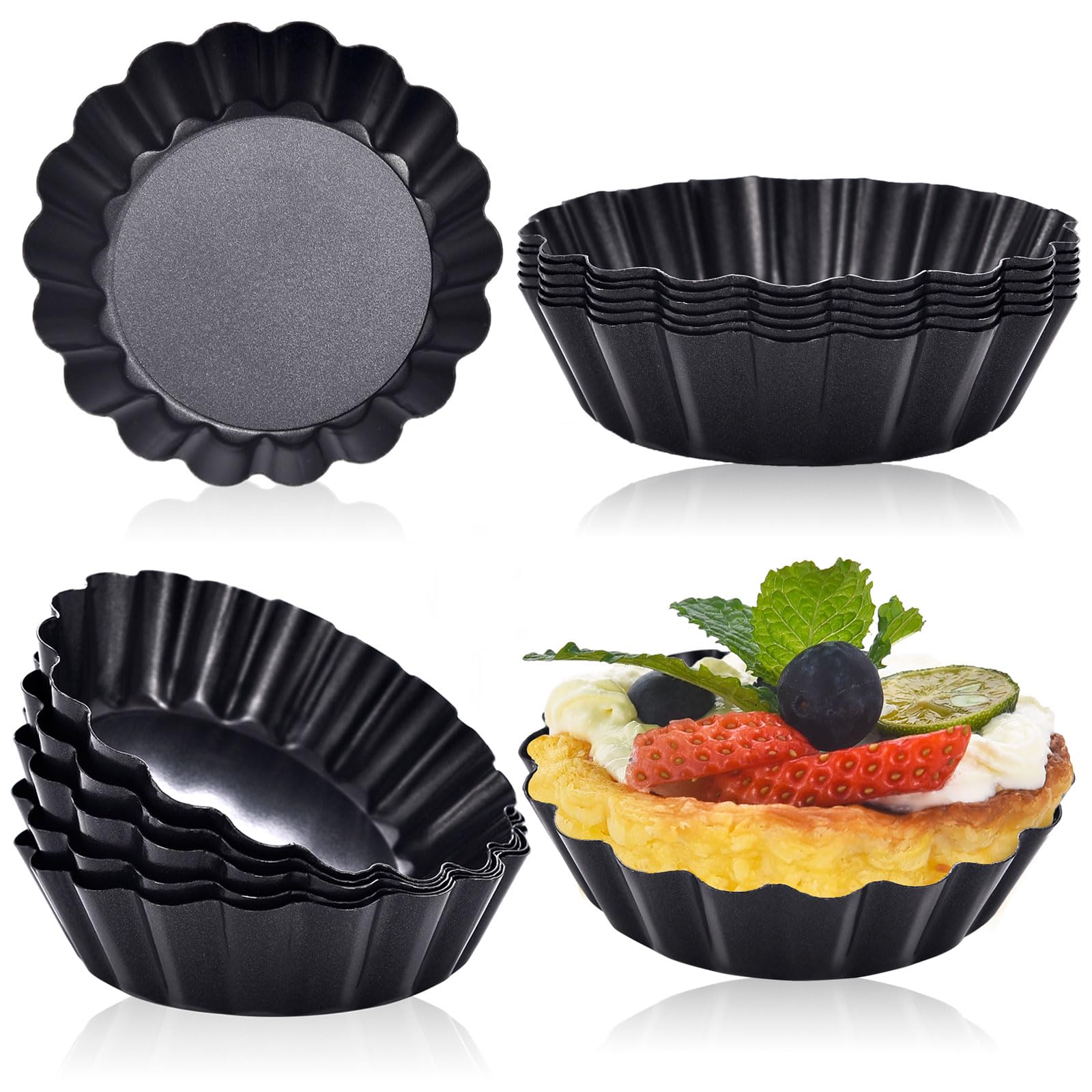 DATANYA 24Packs Mini Tart Pans 3 Inch with Removable Botttom, Carbon Steel Fluted Tart Tin Shell Mold Round Nonstick 3 Quiche 
